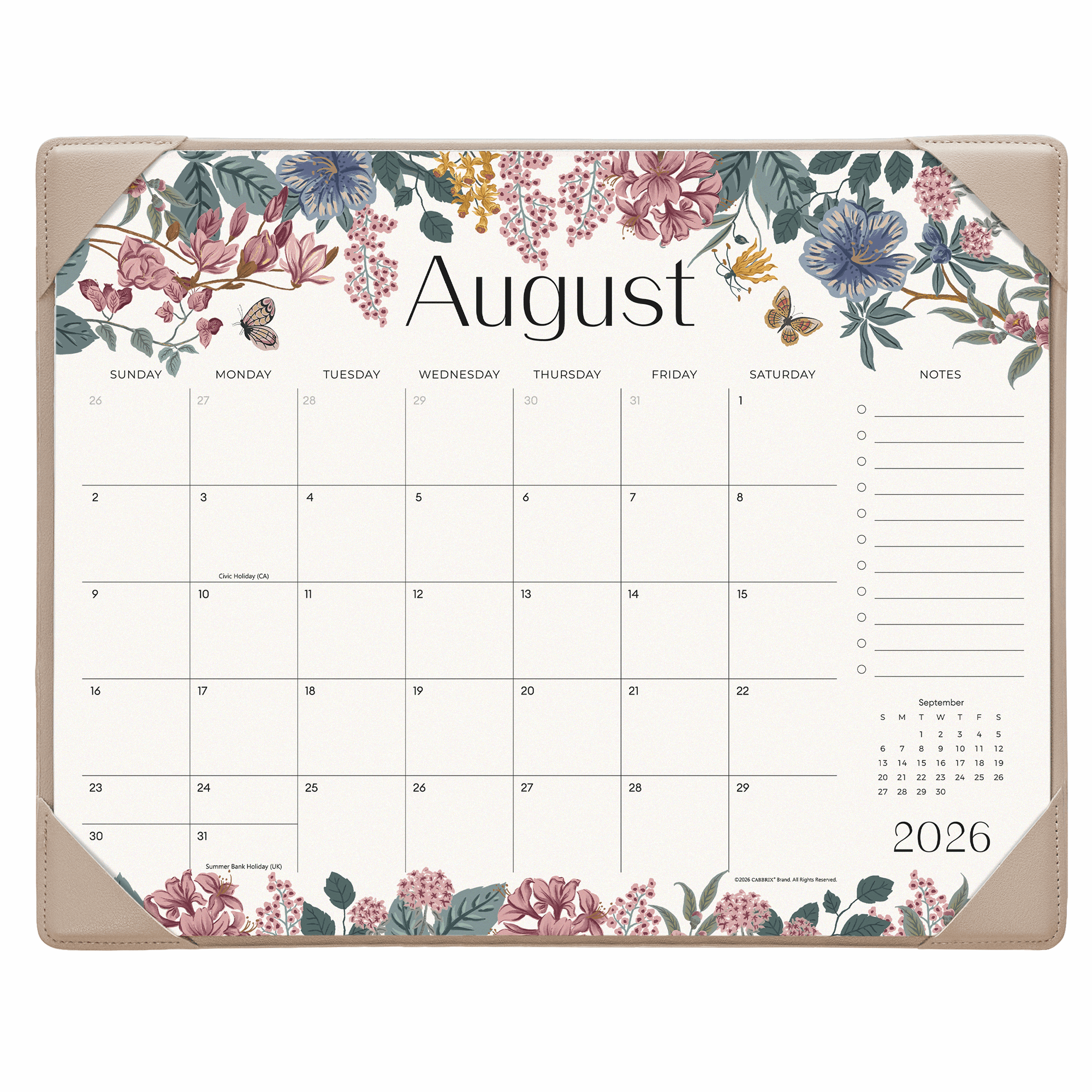 Cabbrix 2026-27 Desk Calendar, 15"L×12"W, Elegant Floral, Apricot