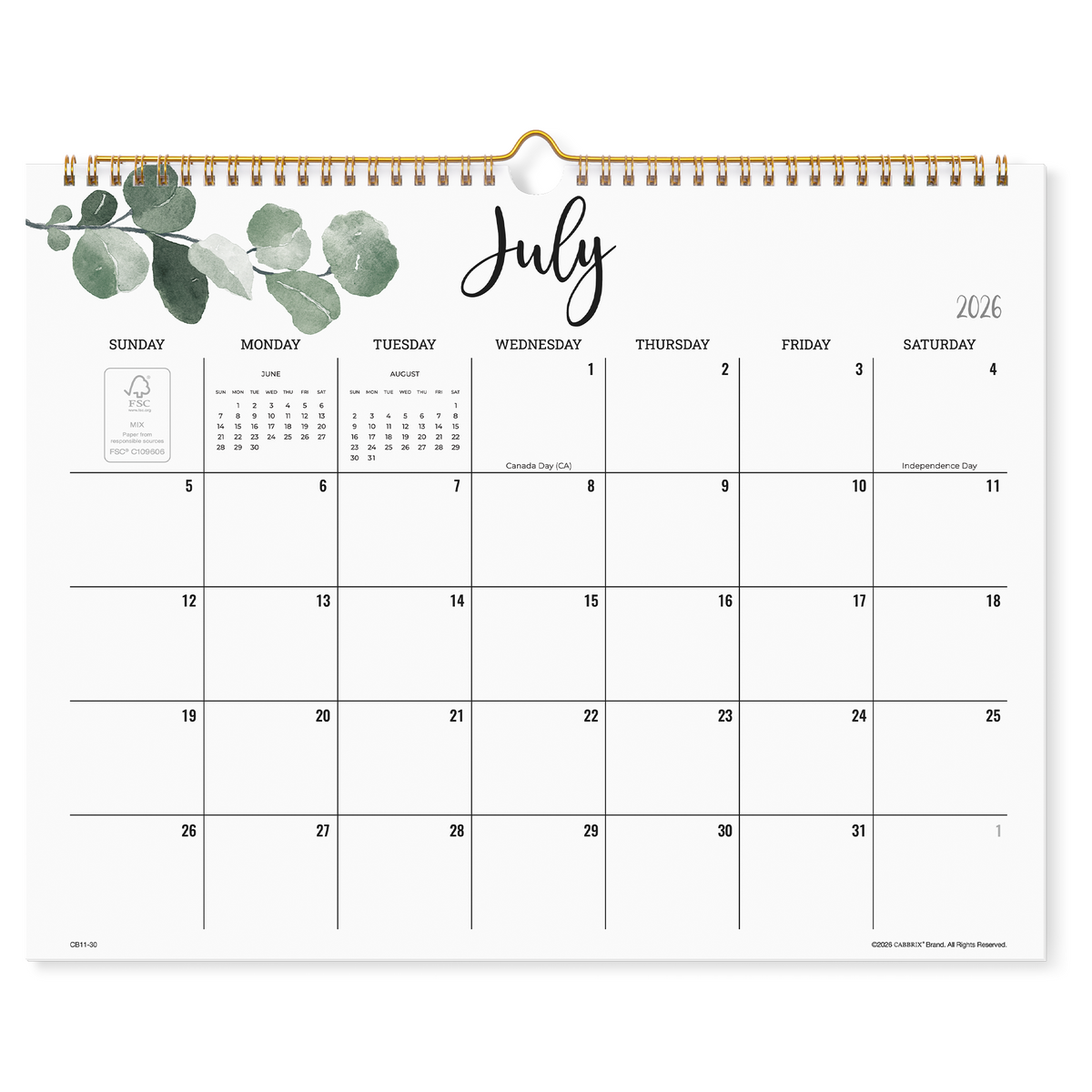Cabbrix 2026-2027 Wall Calendar, Spiral Binding, 15"L×12"W, Botanical Elements