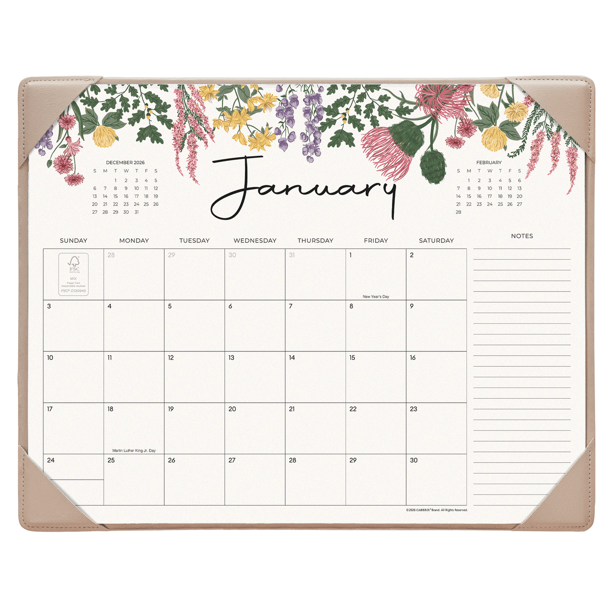 Cabbrix 2027-2028 Desk Calendar, 15"L×12"W, Vine Poem, Black