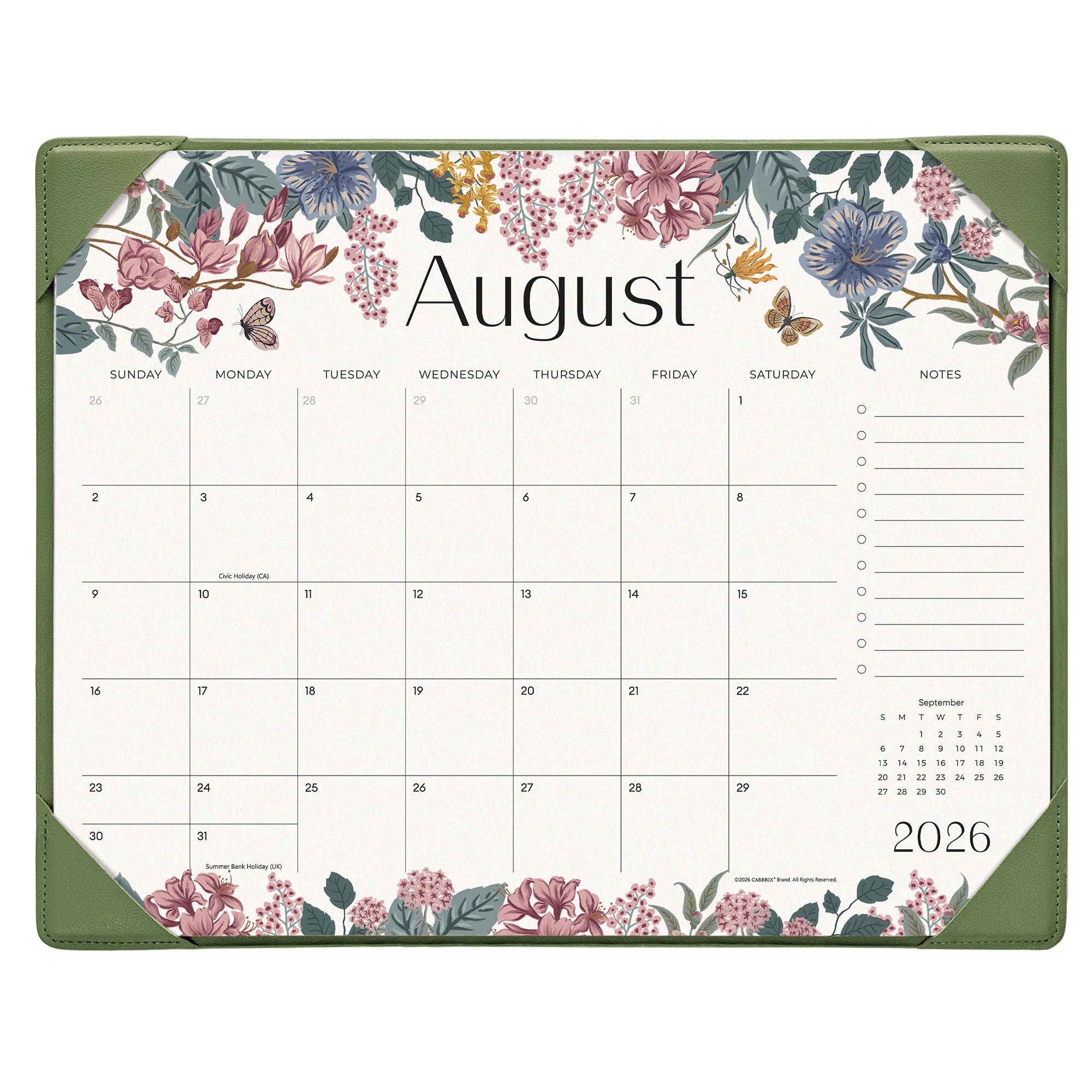 Cabbrix 2026-27 Desk Calendar, 15"L×12"W, Elegant Floral, Green