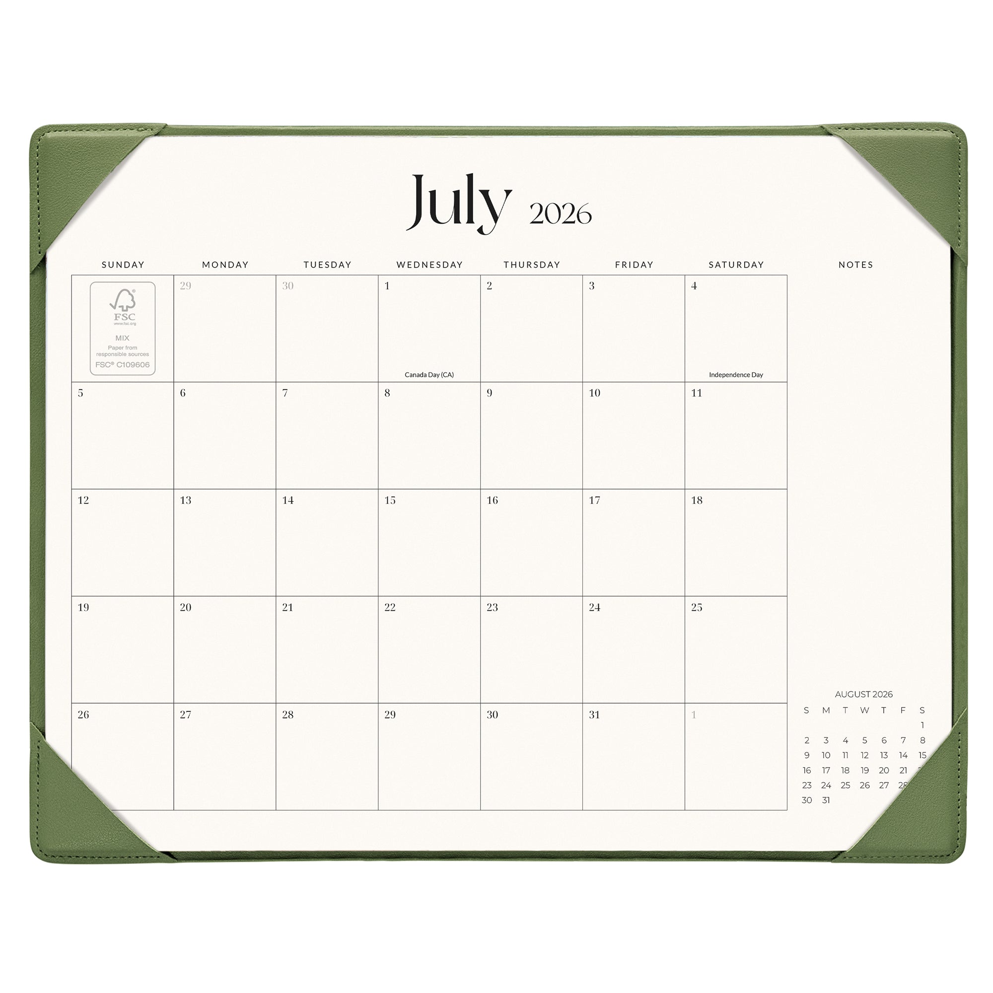 Cabbrix 2026-27 Desk Calendar, 15"L×12"W, Simplified Style, Green