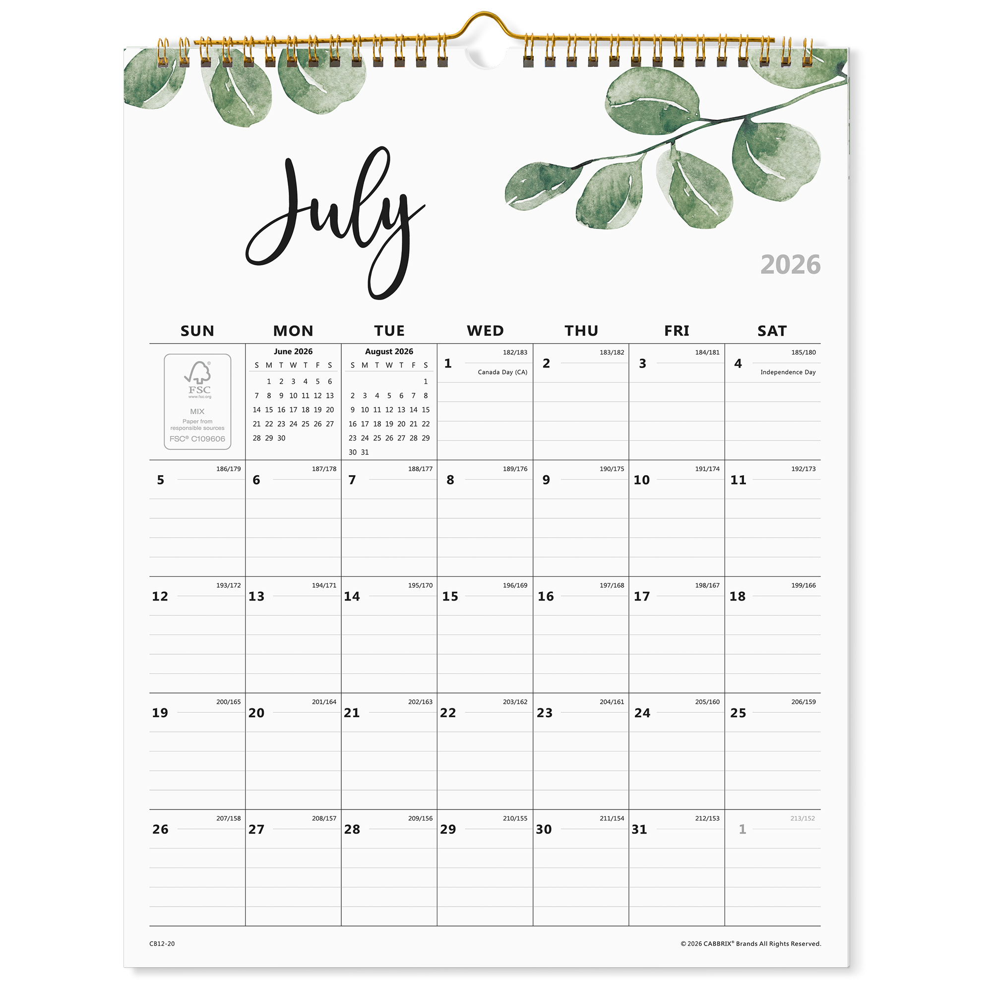 Cabbrix 2026-2027 Wall Calendar, Spiral Binding, 12"L×15"W, Botanical Elements