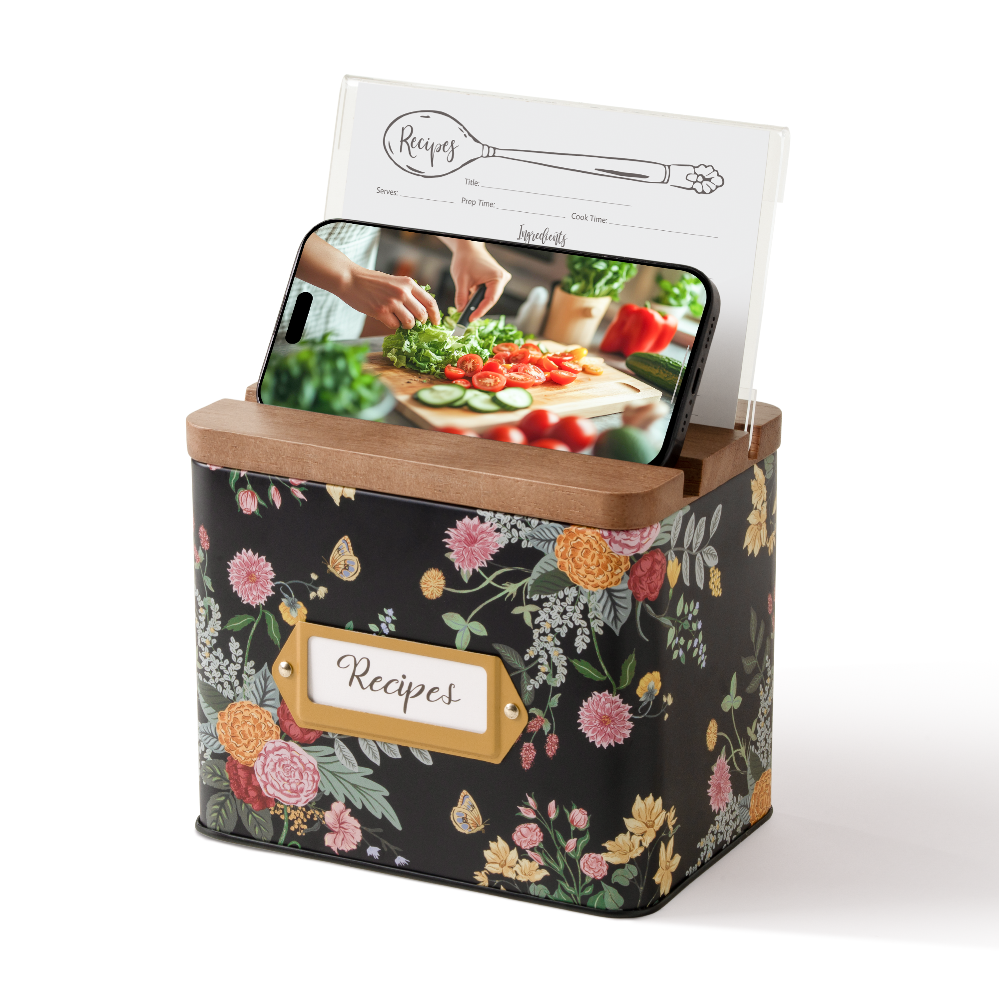 Cabbrix Stylish Recipe Box with Cards, Dahlias