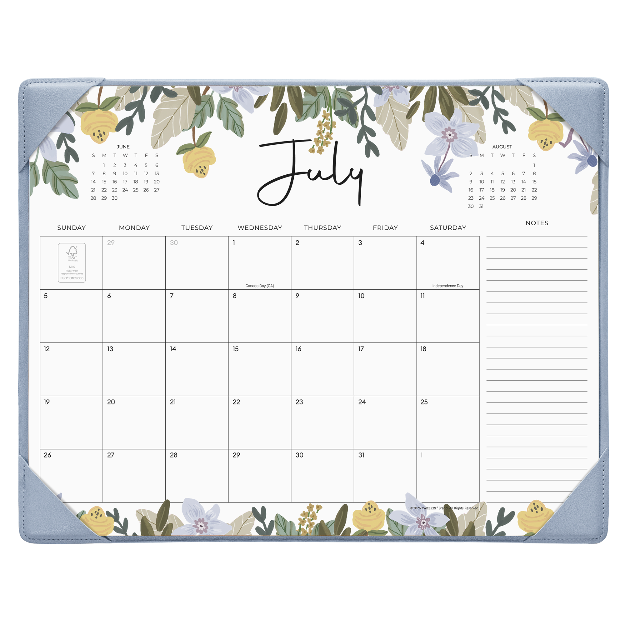Cabbrix 2026-27 Desk Calendar, 15"L×12"W, Floral Design, Blue