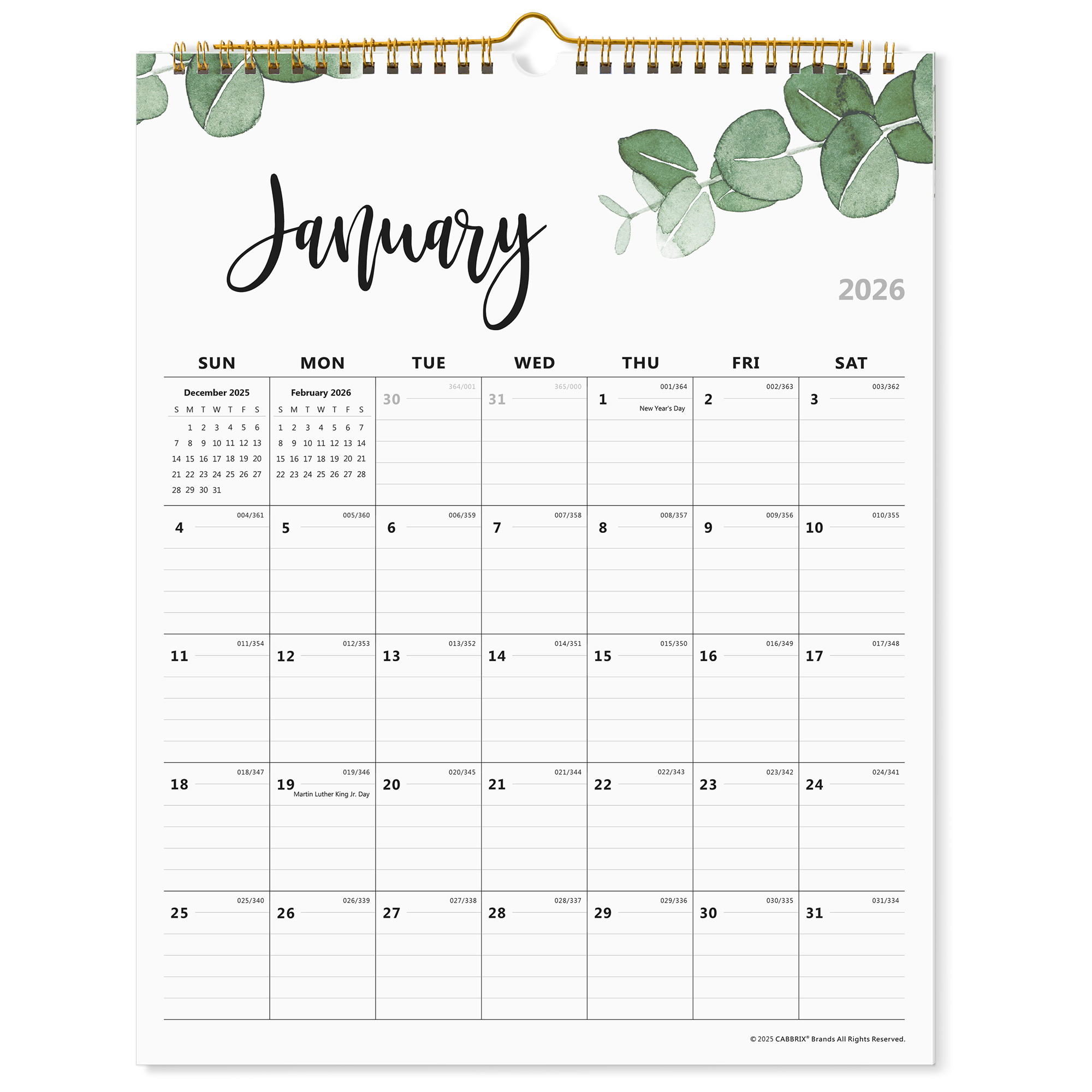 Cabbrix 2026-2027 Wall Calendar, Spiral Binding, 12"L×15"W, Botanical Elements