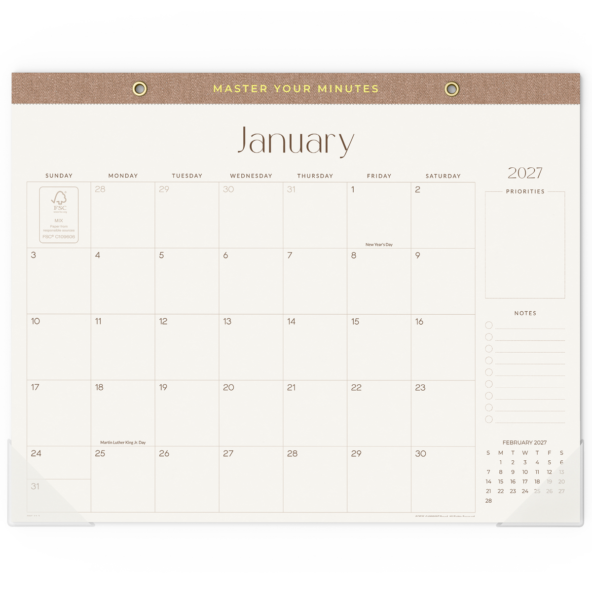 Cabbrix 2027-2028 Desk Calendar, 14"L x 11"W, Simplified Style, With Hanging Holes