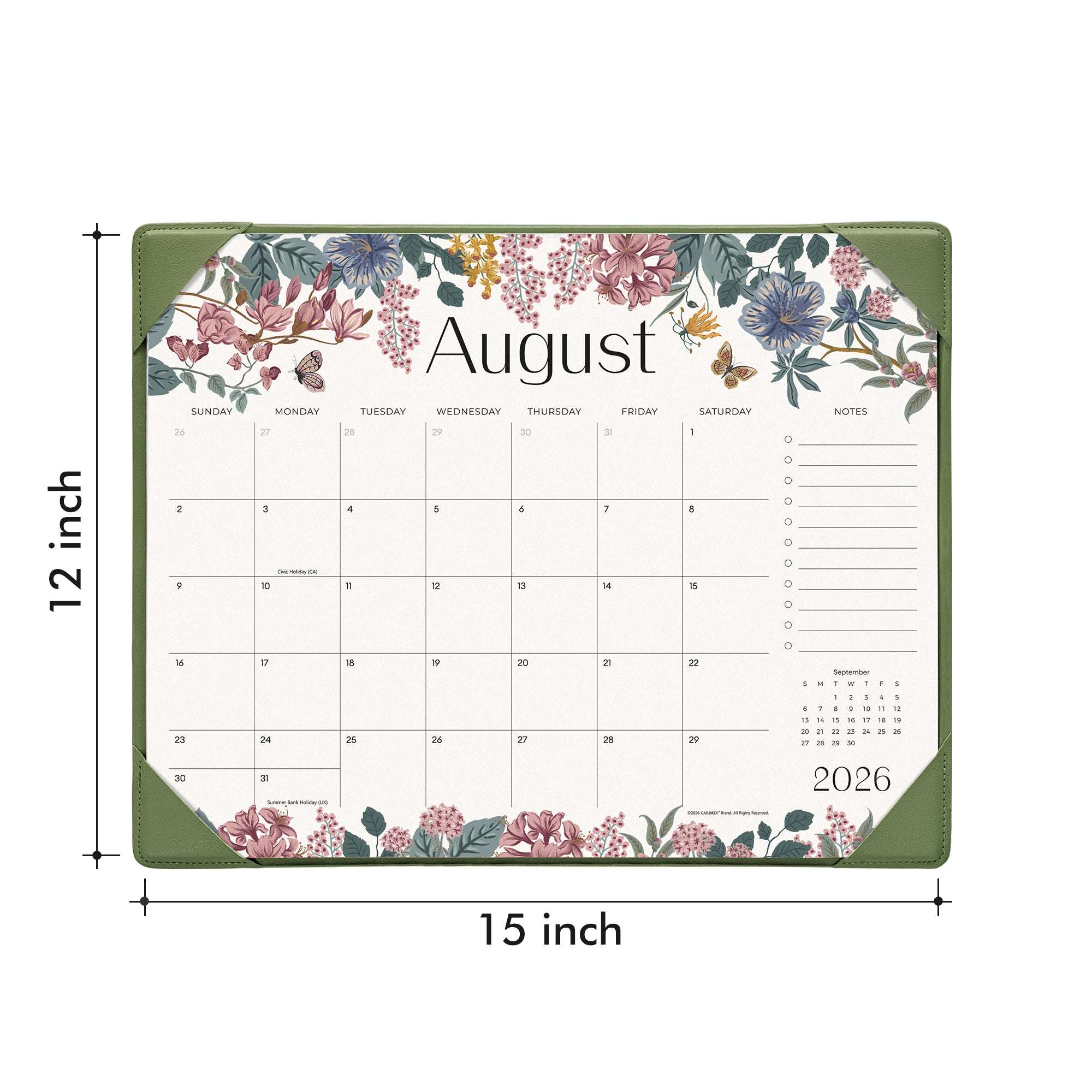 Cabbrix 2026-27 Desk Calendar, 15"L×12"W, Elegant Floral, Green
