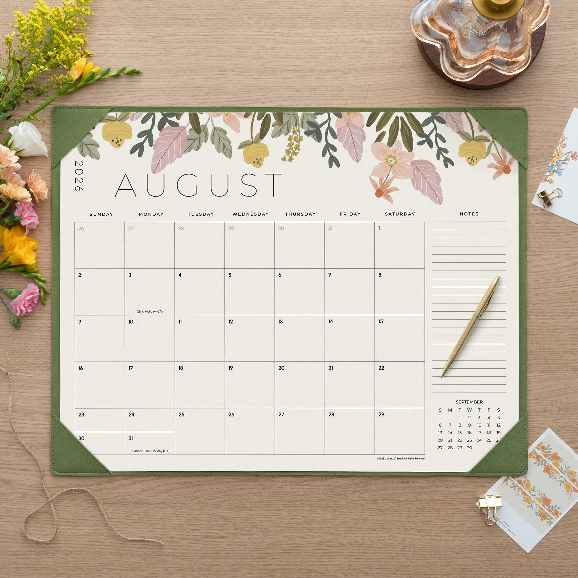 Planner Bundle, Cabbrix 2026-2027 Desk Calendar, 21"L×17"W, Floral Elements, Green, With 2 Planner Stencil