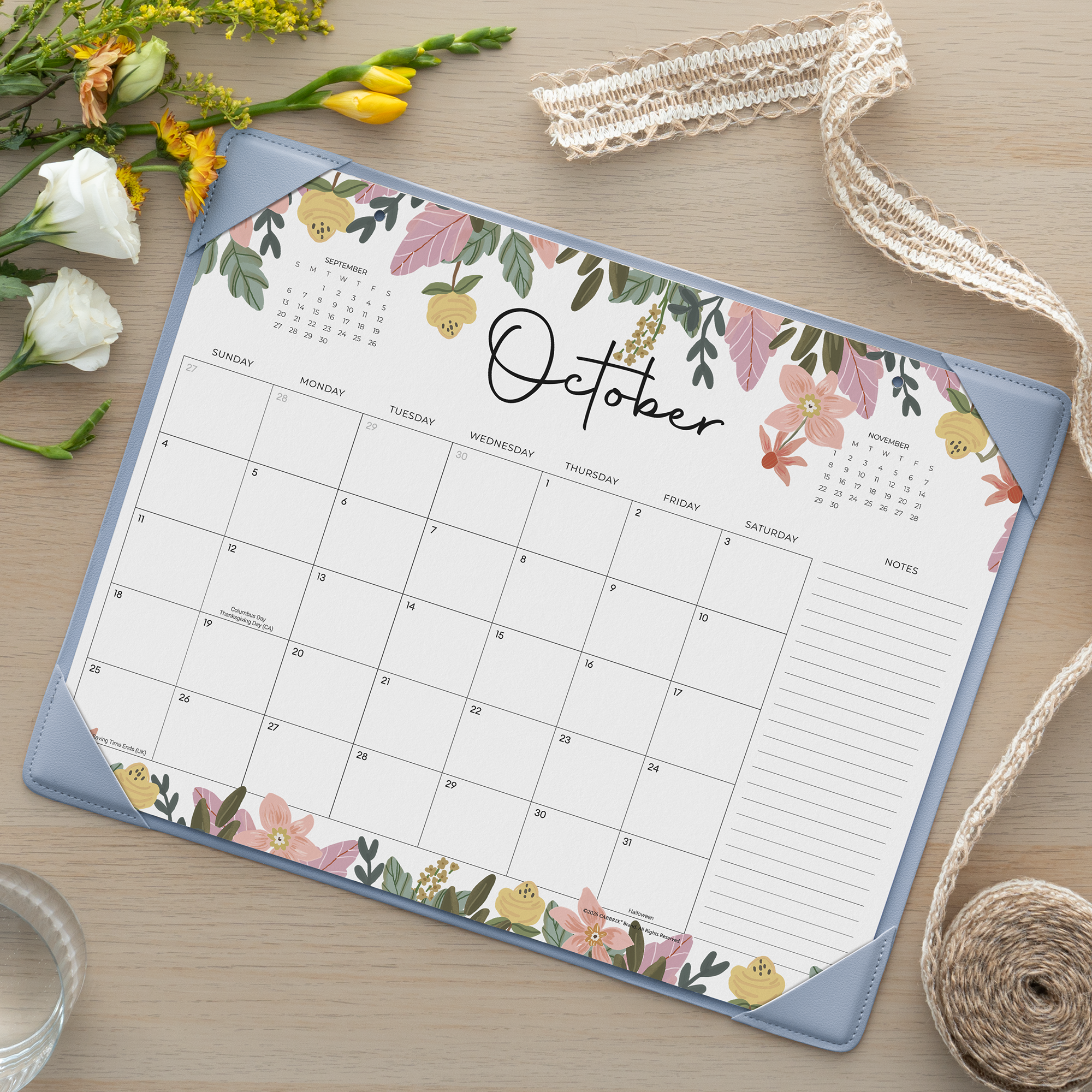 Cabbrix 2026-27 Desk Calendar, 15"L×12"W, Floral Design, Blue