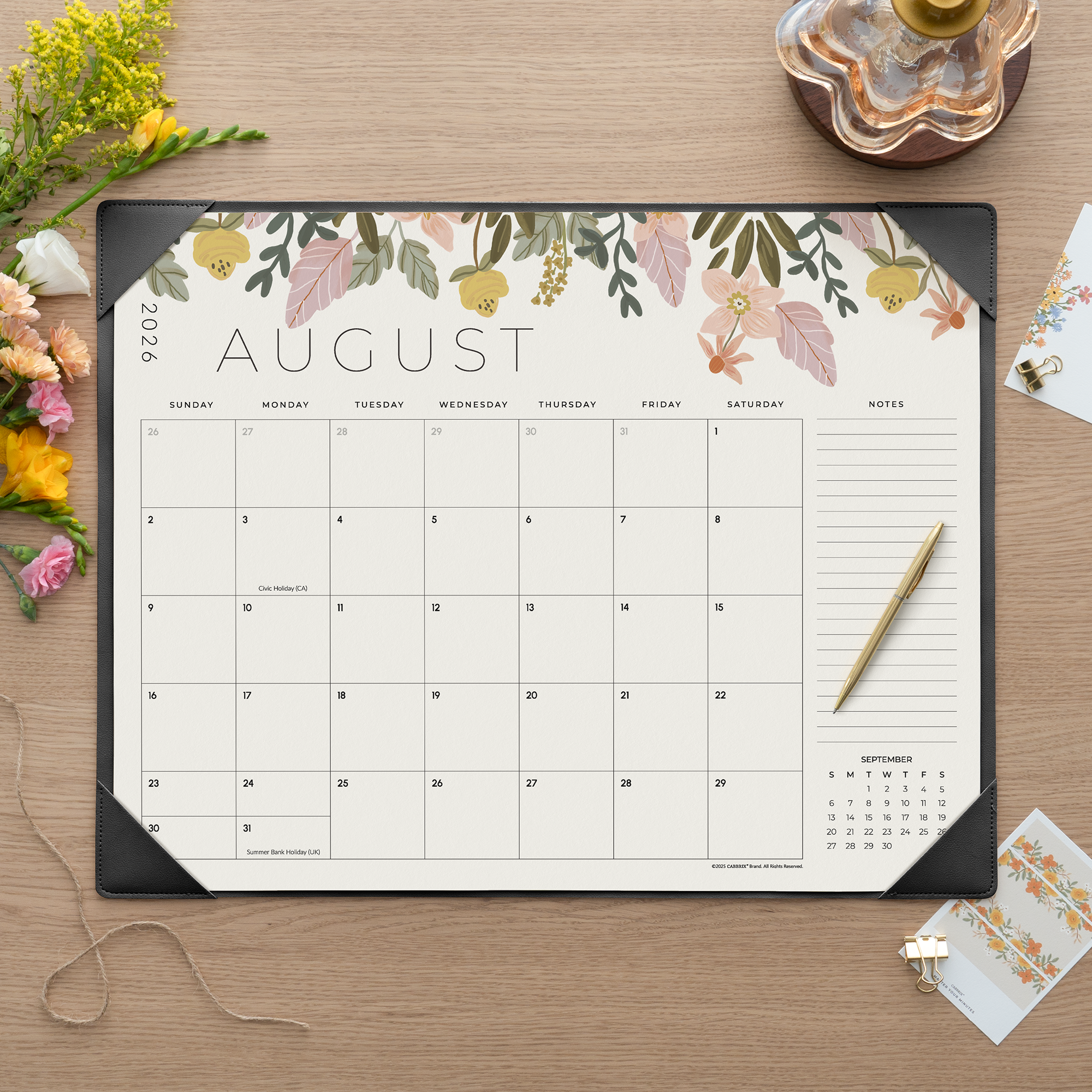 Cabbrix 2026-2027 Desk Calendar, 21"L×17"W, Floral Elements, Black