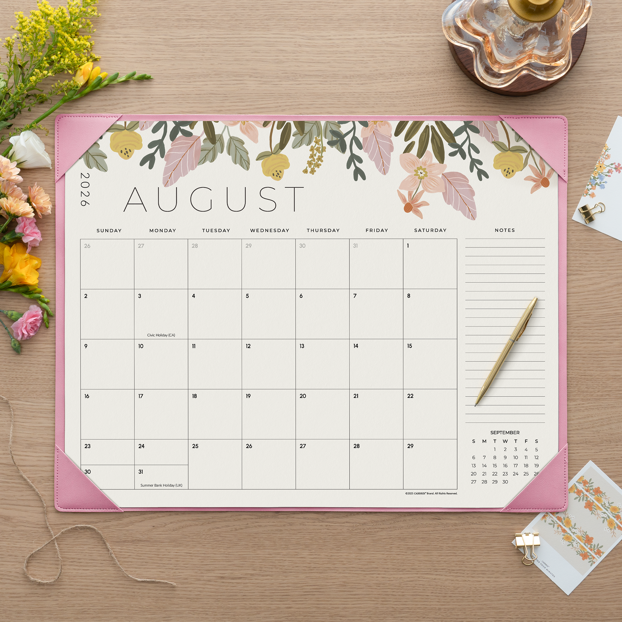 Planner Bundle, Cabbrix 2026-2027 Desk Calendar, 21"L×17"W, Floral Elements, Pink, With 2 Planner Stencil