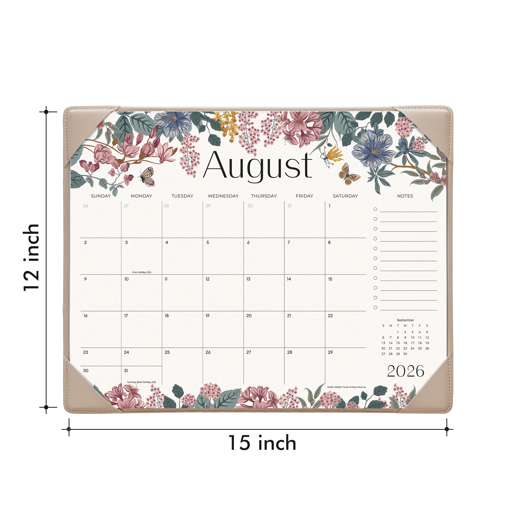Cabbrix 2026-27 Desk Calendar, 15"L×12"W, Elegant Floral, Apricot