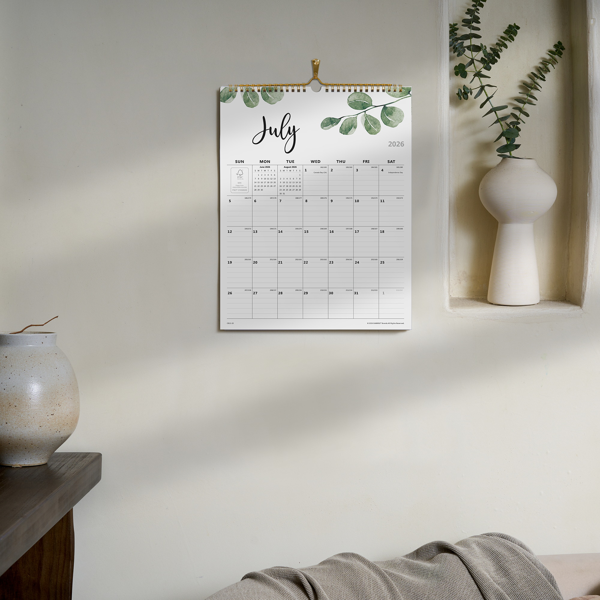 Cabbrix 2026-2027 Wall Calendar, Spiral Binding, 12"L×15"W, Botanical Elements