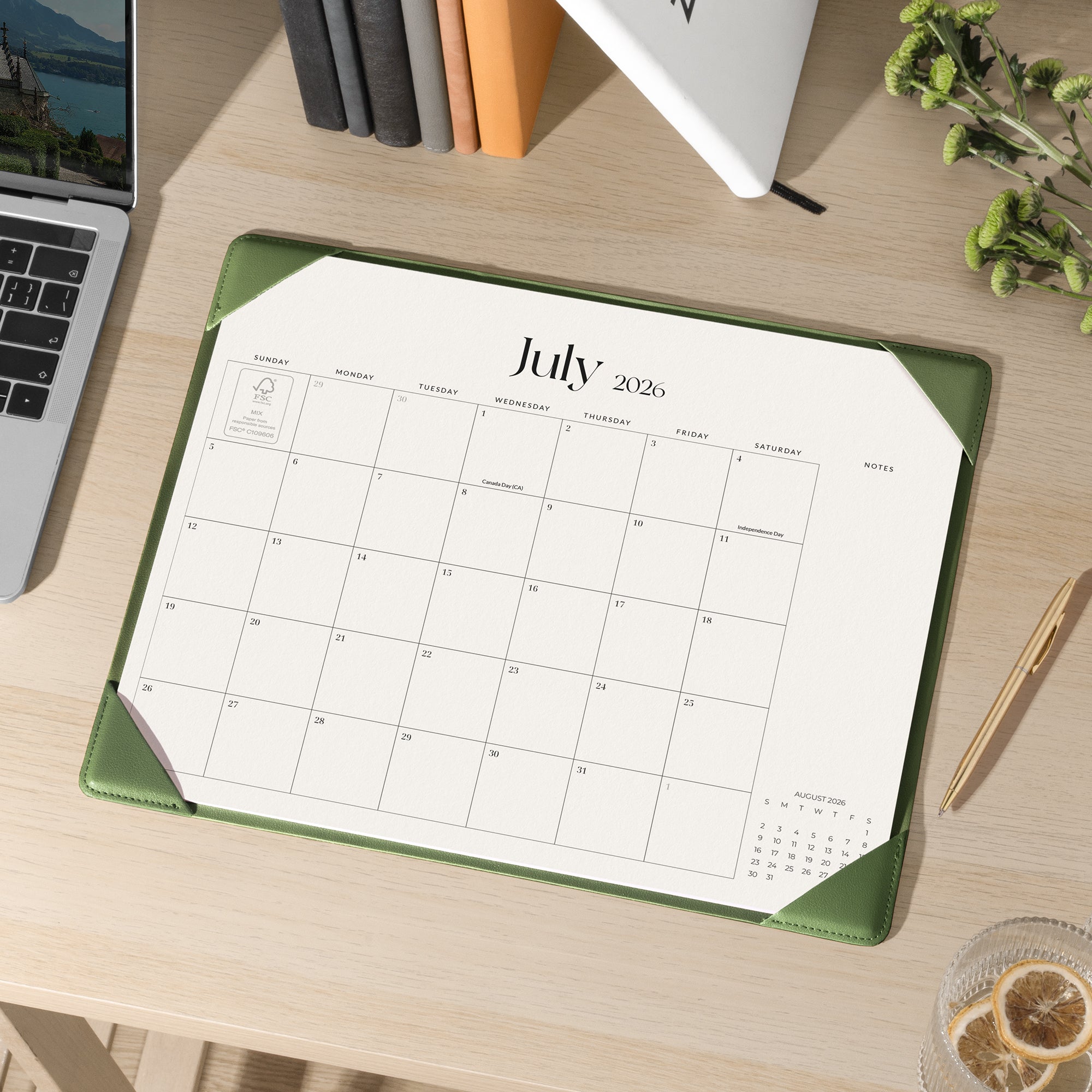 Cabbrix 2026-27 Desk Calendar, 15"L×12"W, Simplified Style, Green