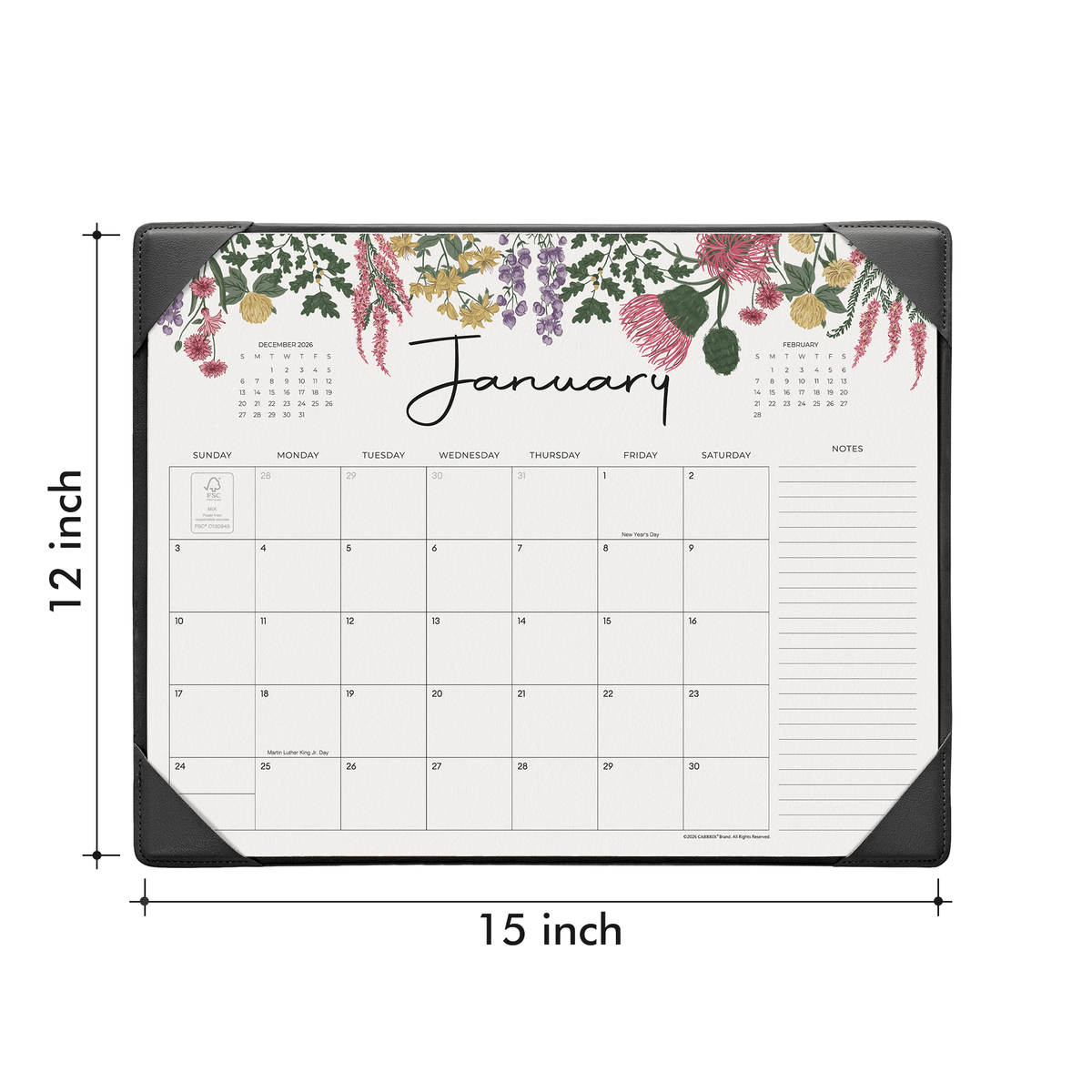 Cabbrix 2027-2028 Desk Calendar, 15"L×12"W, Vine Poem, Black