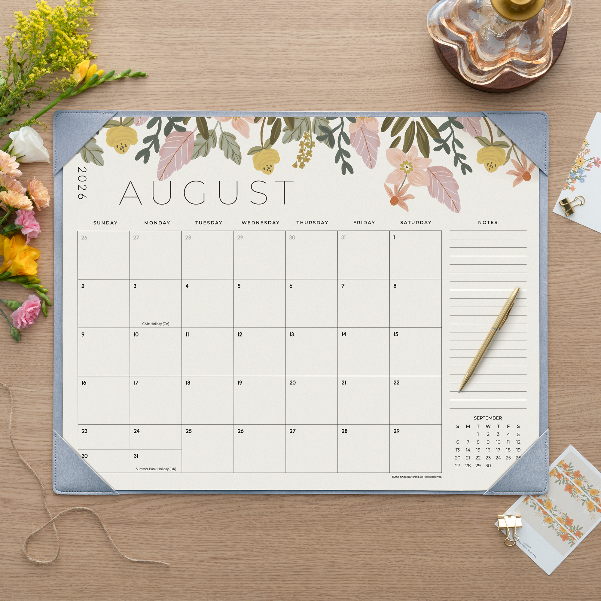 Planner Bundle, Cabbrix 2026-2027 Desk Calendar, 21"L×17"W, Floral Elements, Blue, With 2 Planner Stencil