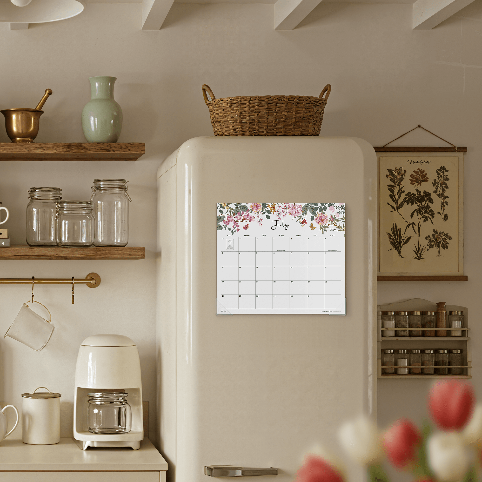 Cabbrix 2026-27 Magnetic Calendar for Fridge, 13"L×12"W, Elegant Floral