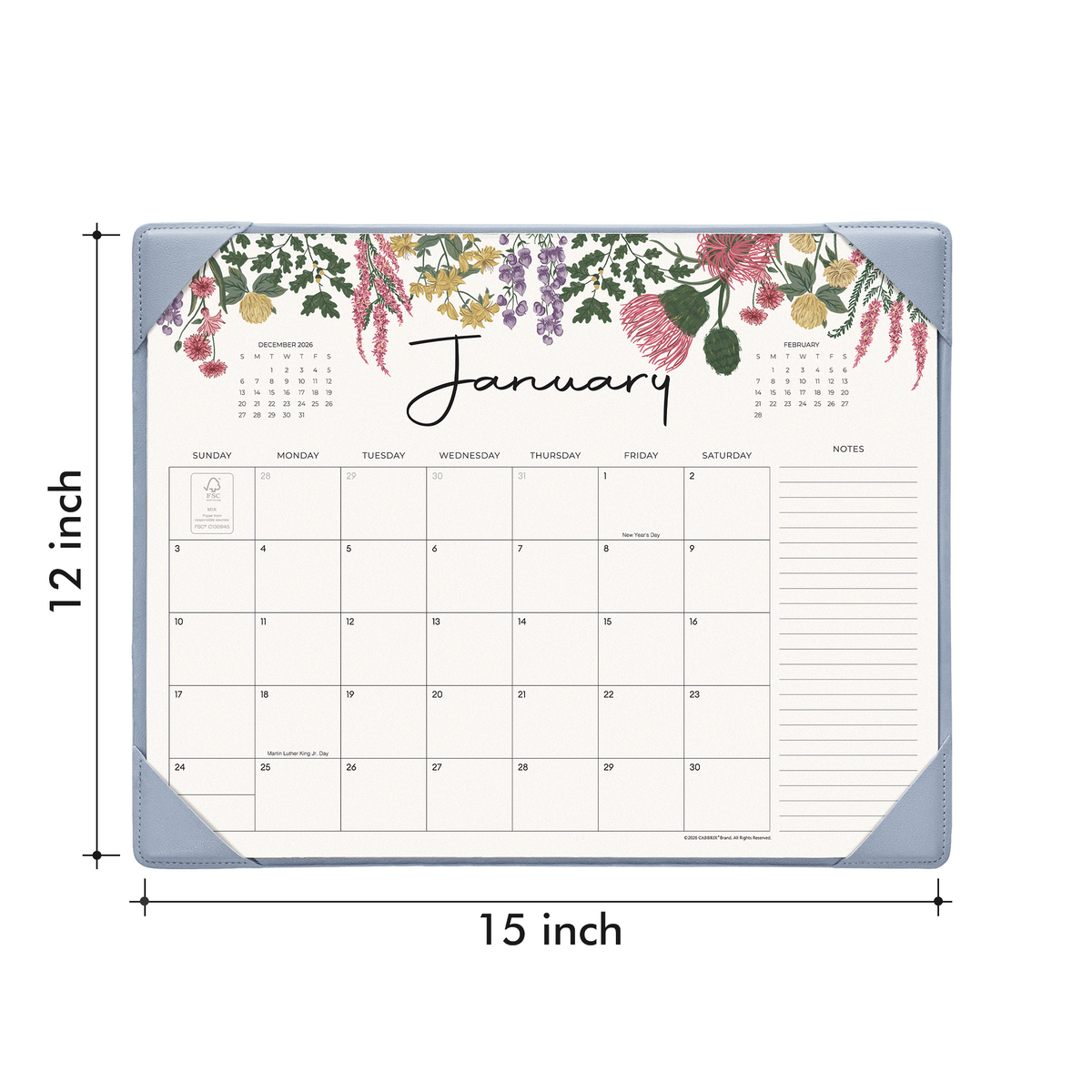 Cabbrix 2027-2028 Desk Calendar, 15"L×12"W, Vine Poem, Blue