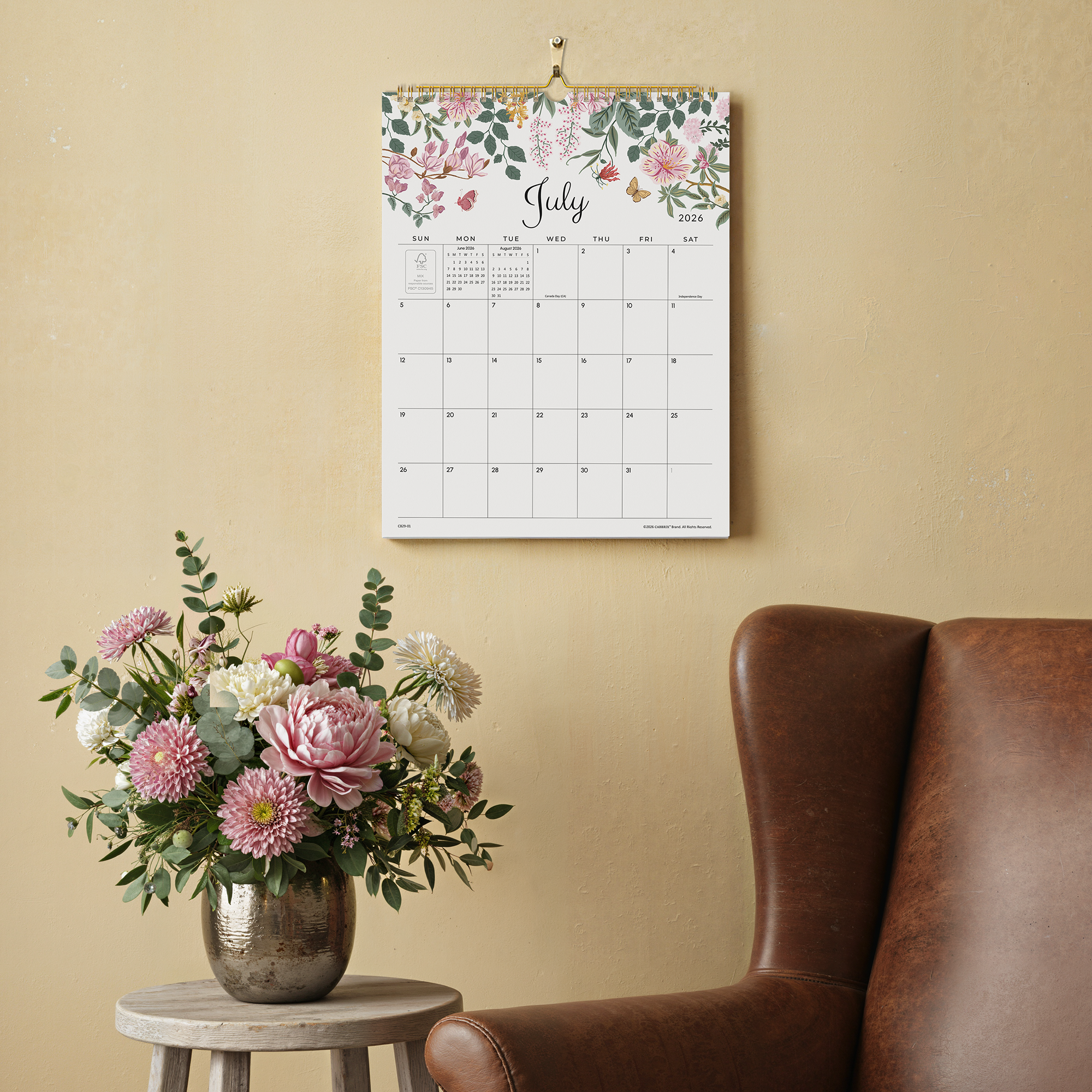 Cabbrix 2026-27 Wall Calendar, Twin-Wire Binding, 12"L×15"W, Elegant Floral