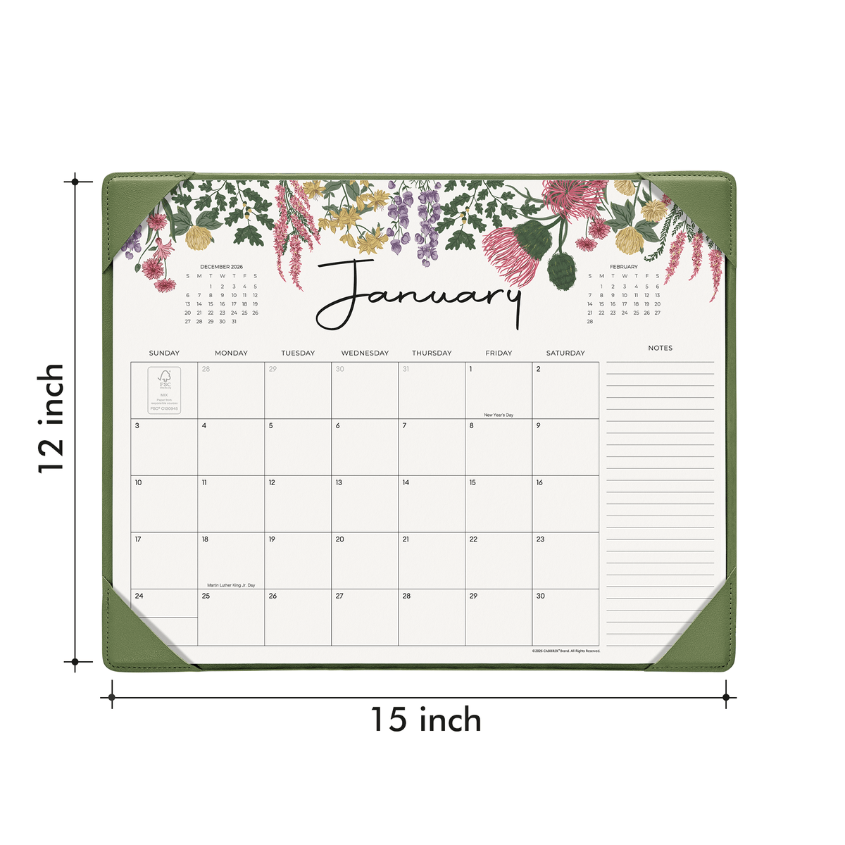 Cabbrix 2027-2028 Desk Calendar, 15"L×12"W, Vine Poem, Green