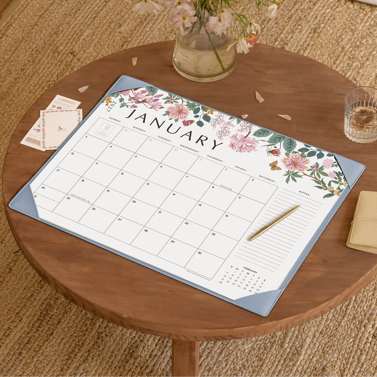 Cabbrix 2027-2028 Desk Calendar, 21"L×17"W, Elegant Floral, Blue