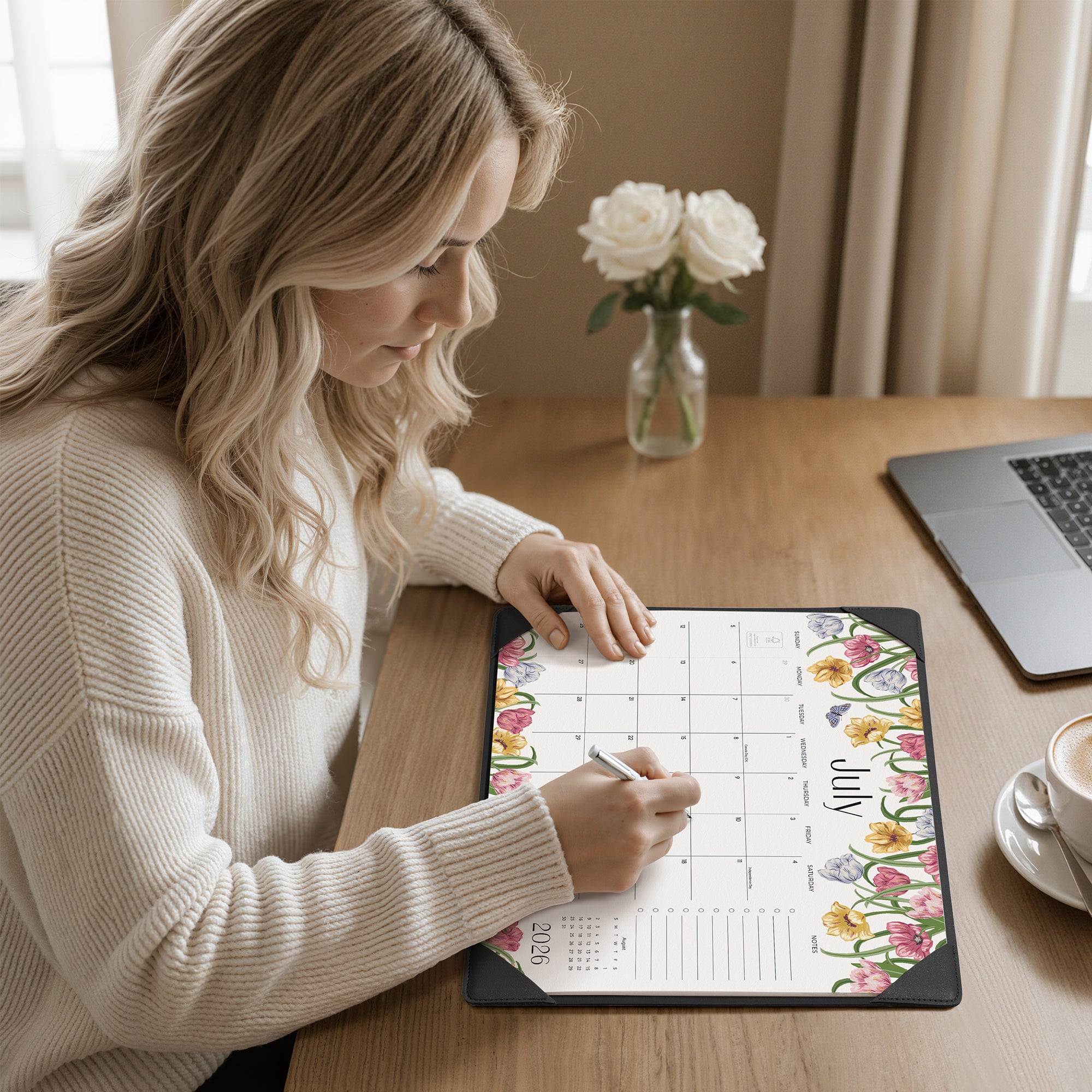 Cabbrix 2026-27 Desk Calendar, 15"L×12"W, Elegant Floral, Black