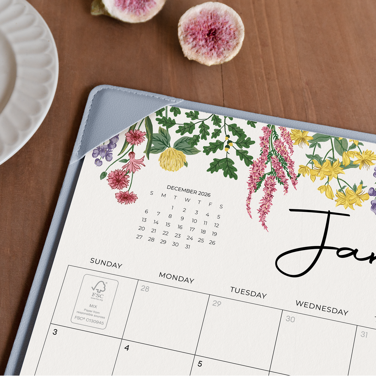 Cabbrix 2027-2028 Desk Calendar, 15"L×12"W, Vine Poem, Blue
