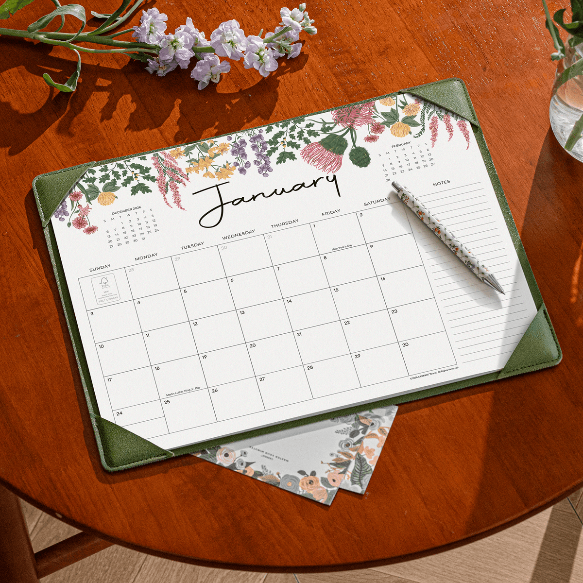 Cabbrix 2027-2028 Desk Calendar, 15"L×12"W, Vine Poem, Green