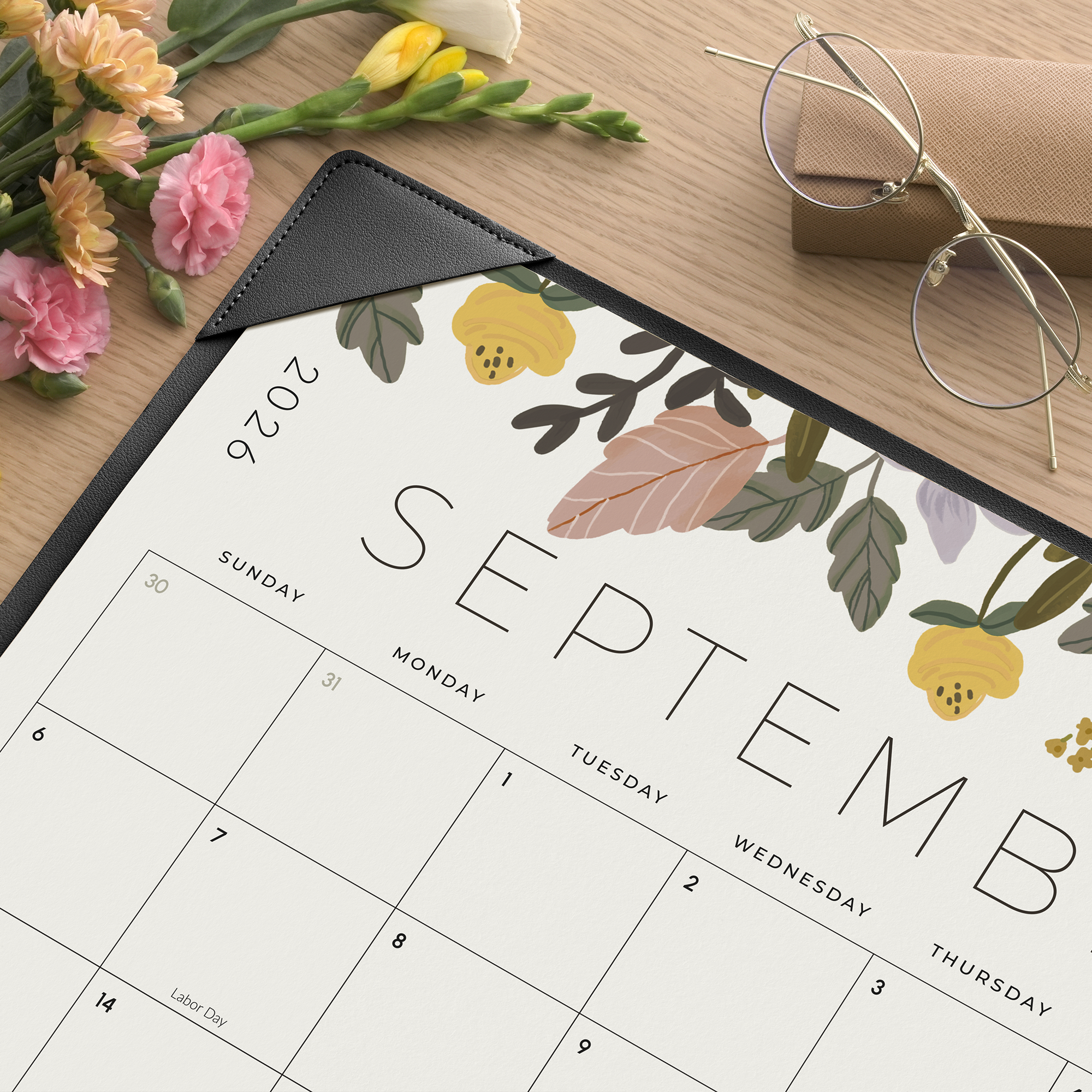 Cabbrix 2026-2027 Desk Calendar, 21"L×17"W, Floral Elements, Black