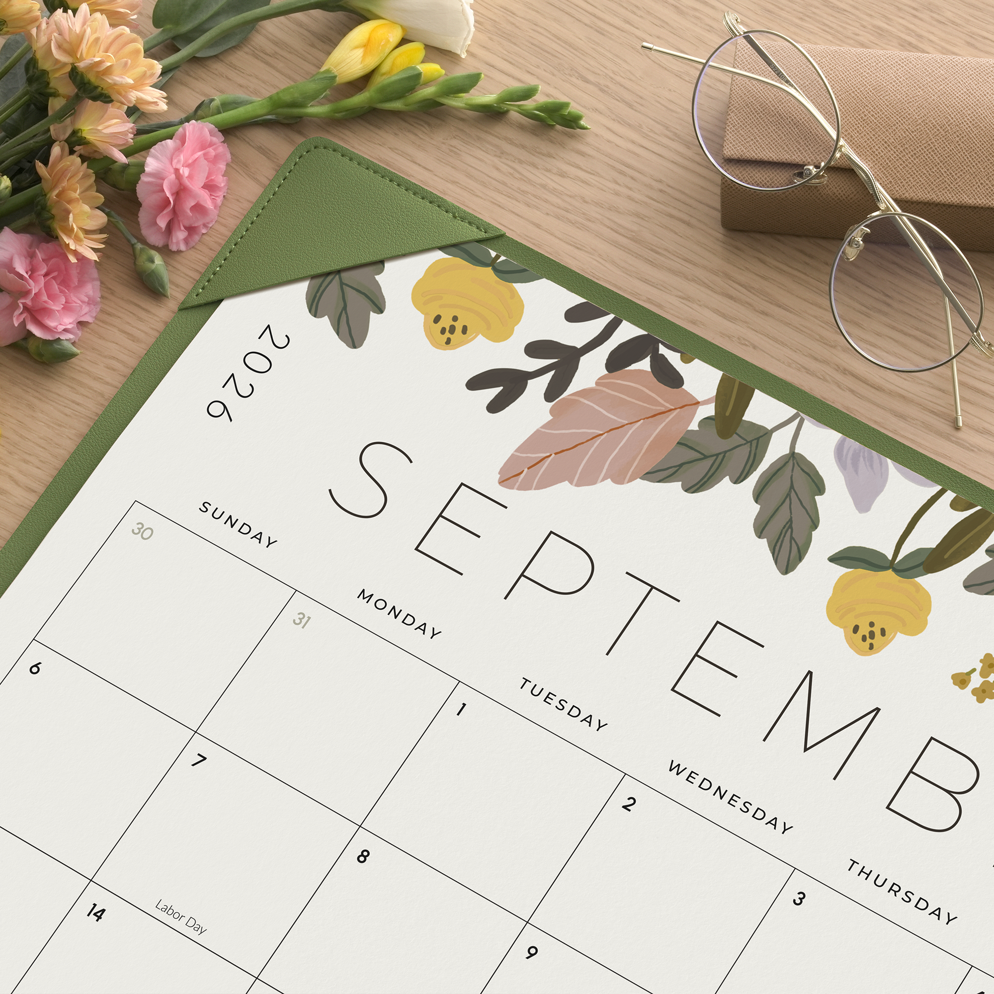 Cabbrix 2026-2027 Desk Calendar, 21"L×17"W, Floral Elements, Green