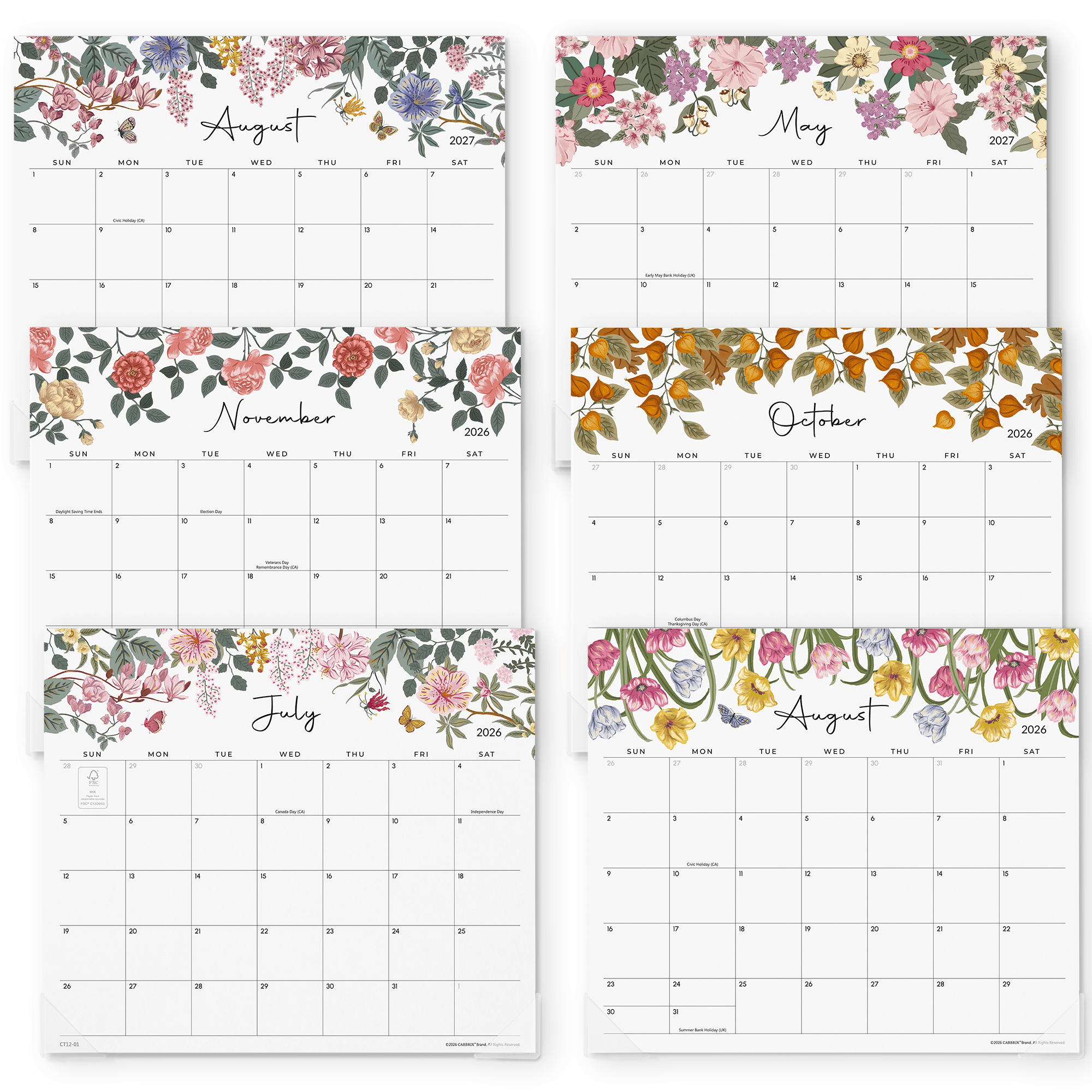 Cabbrix 2026-27 Magnetic Calendar for Fridge, 13"L×12"W, Elegant Floral