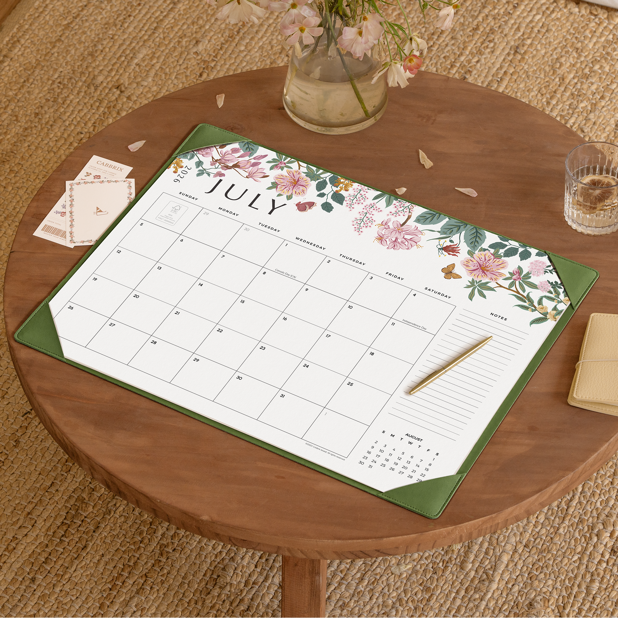 Cabbrix 2026-27 Desk Calendar, 21"L×17"W, Elegant Floral, Green