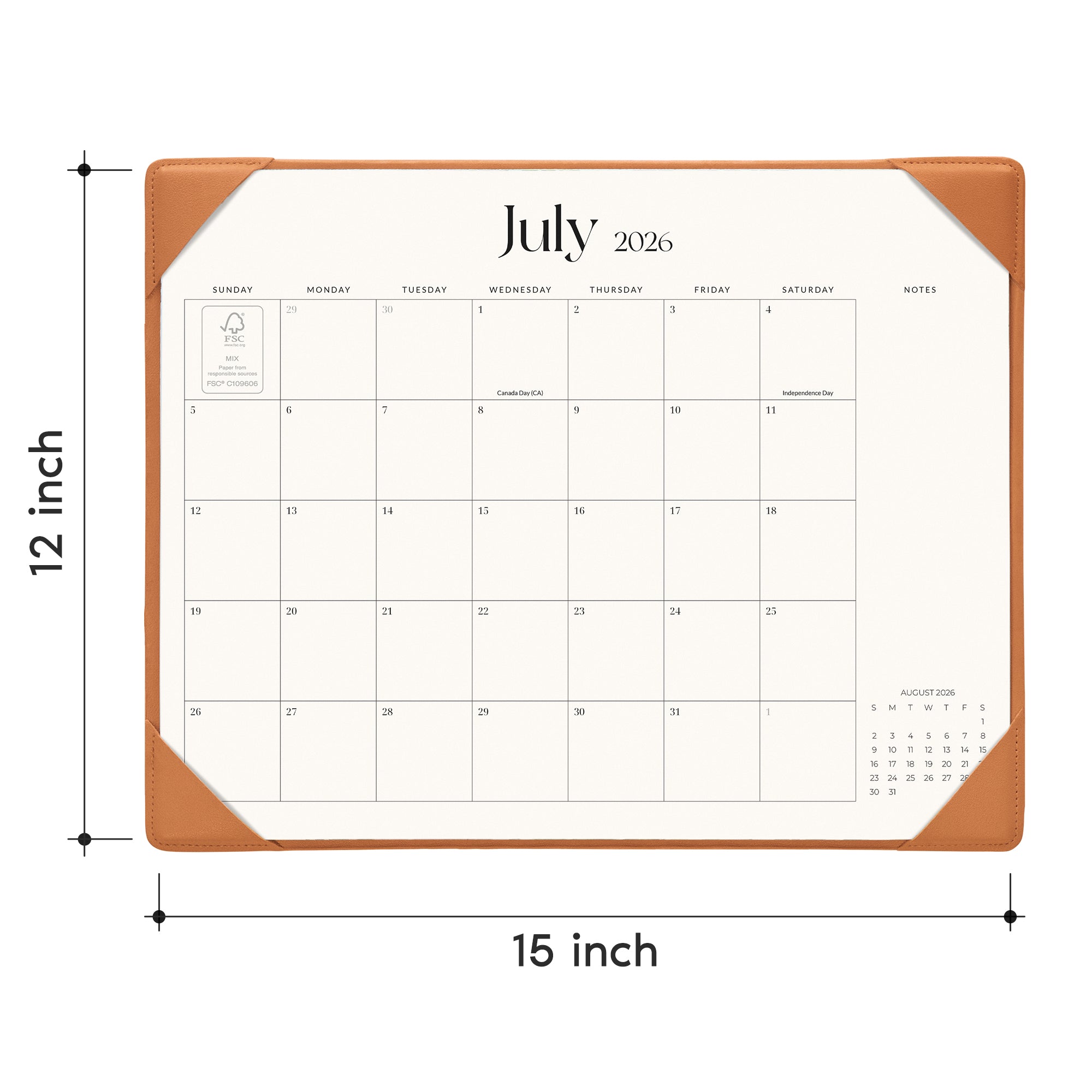 Cabbrix 2026-27 Desk Calendar, 15"L×12"W, Simplified Style, Brown