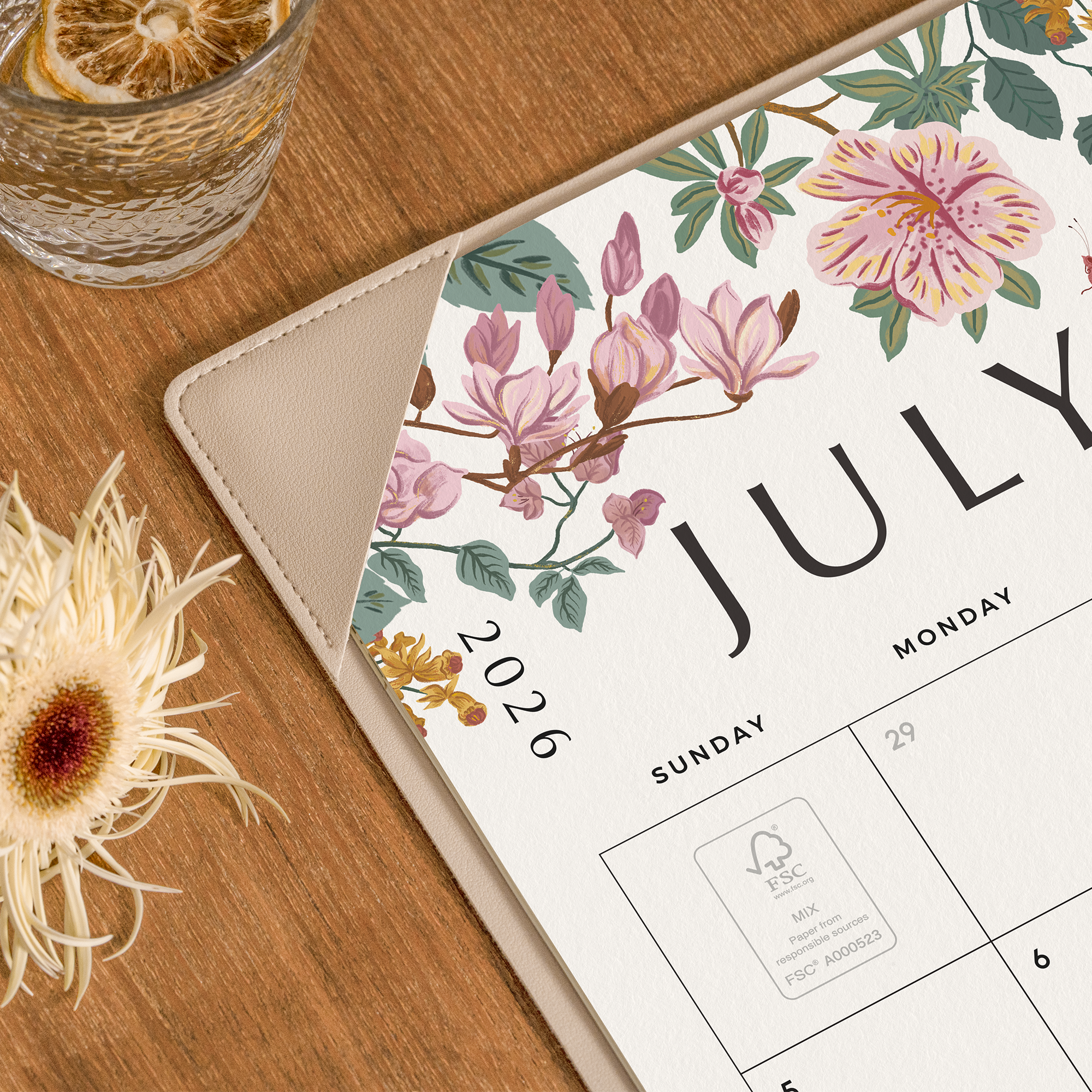 Cabbrix 2026-27 Desk Calendar, 21"L×17"W, Elegant Floral, Apricot