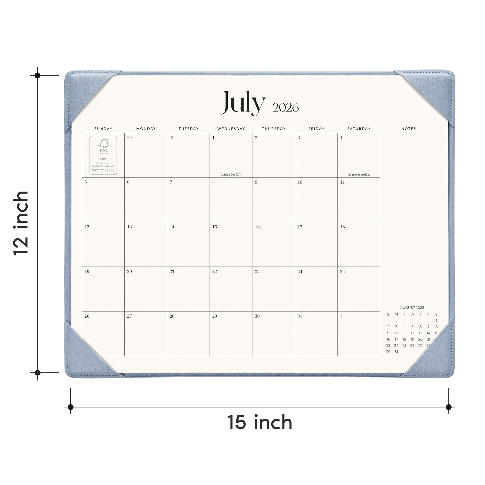 Cabbrix 2026-27 Desk Calendar, 15"L×12"W, Simplified Style, Blue