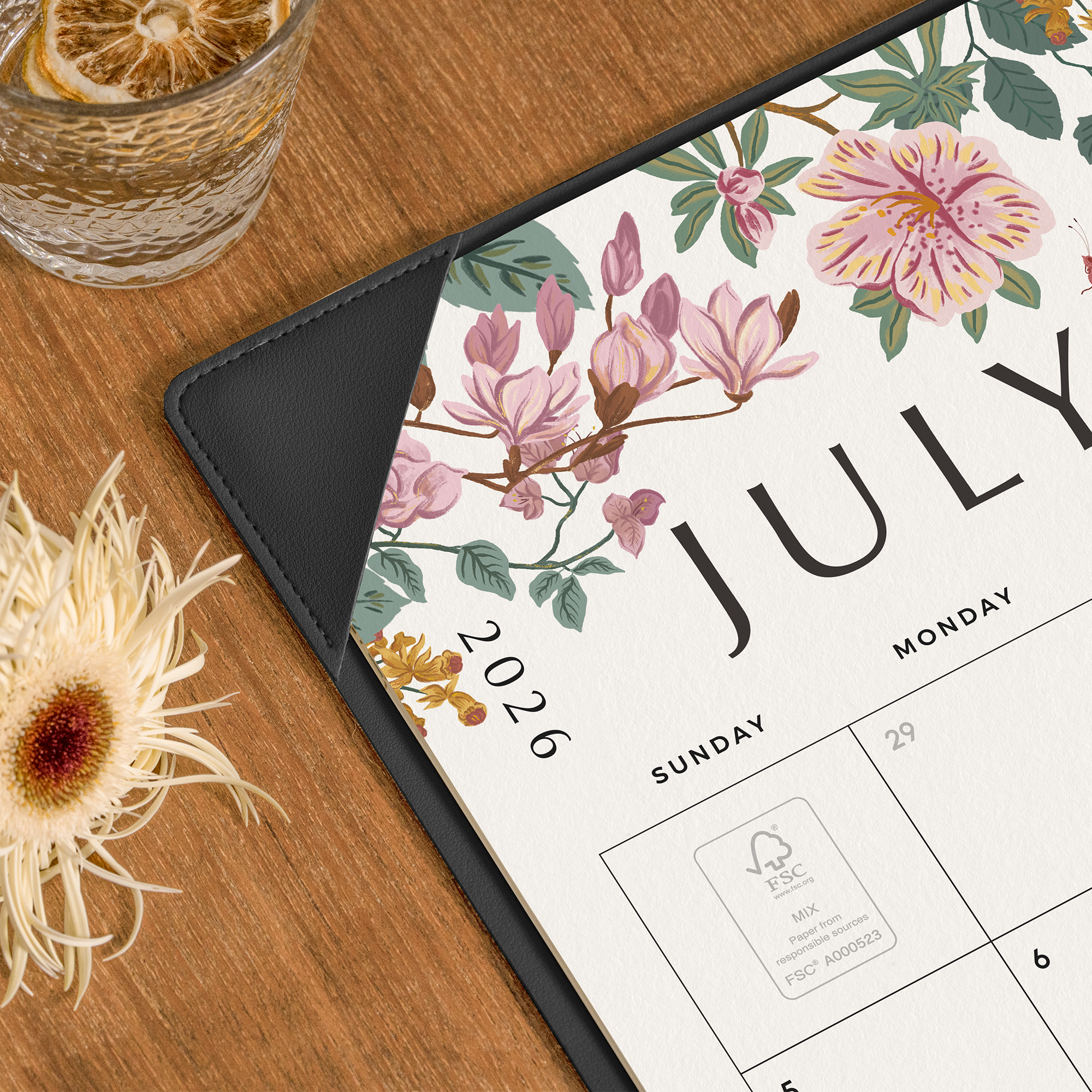Cabbrix 2026-27 Desk Calendar, 21"L×17"W, Elegant Floral, Black