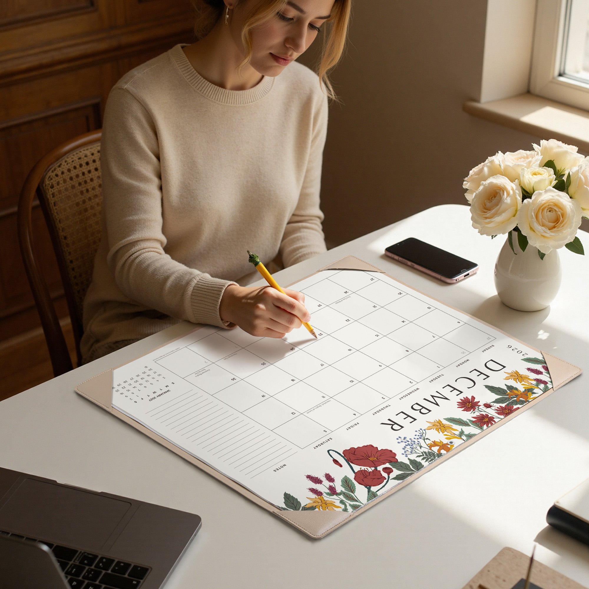 Cabbrix 2026-27 Desk Calendar, 21"L×17"W, Vine Poem, Apricot
