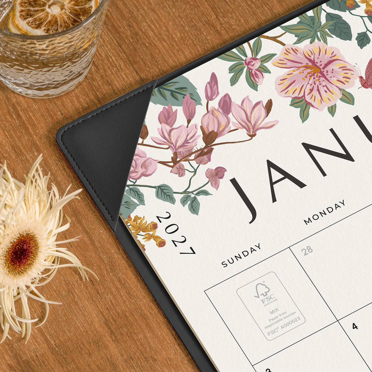 Cabbrix 2027-2028 Desk Calendar, 21"L×17"W, Elegant Floral, Black