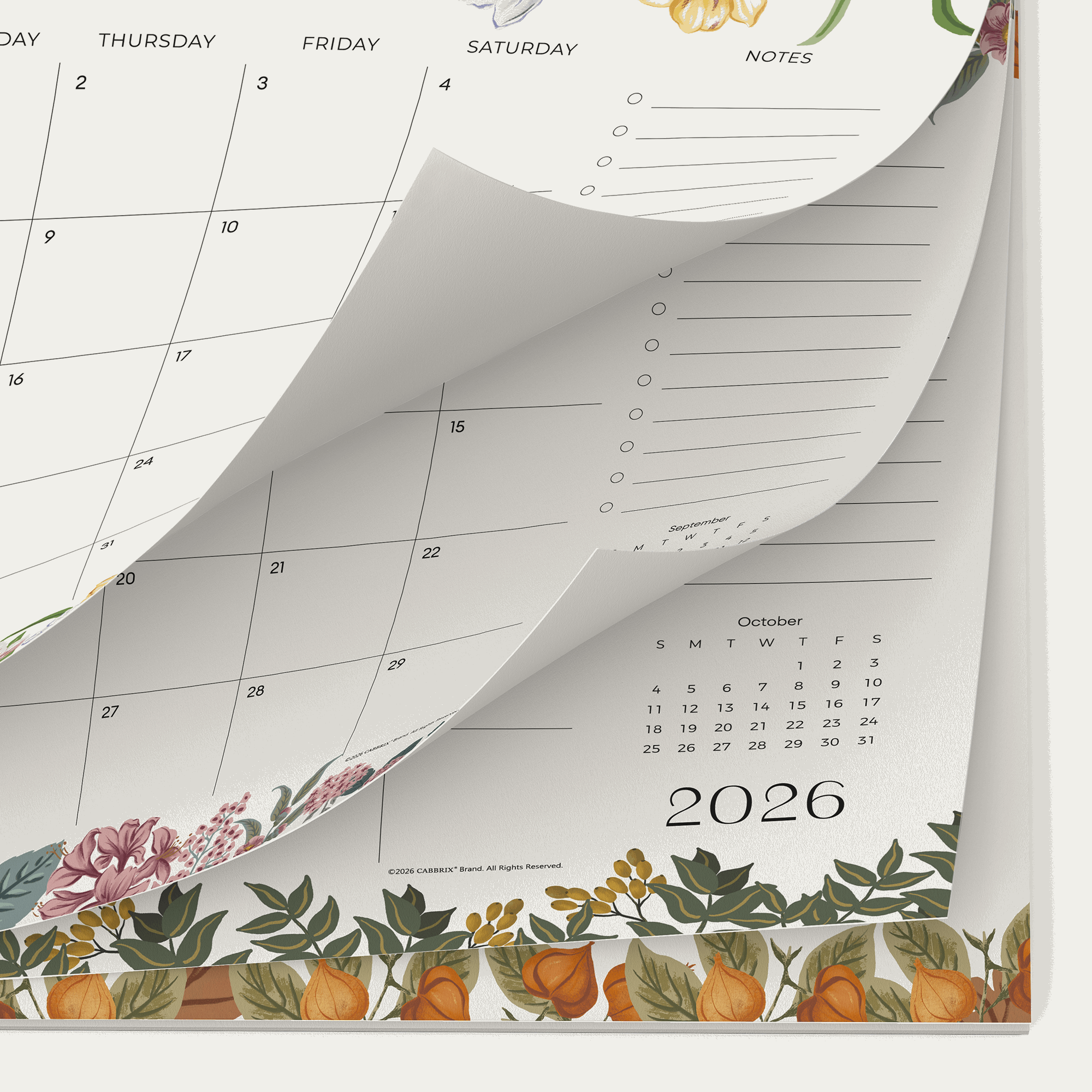 Cabbrix 2026-27 Desk Calendar, 15"L×12"W, Elegant Floral, Apricot