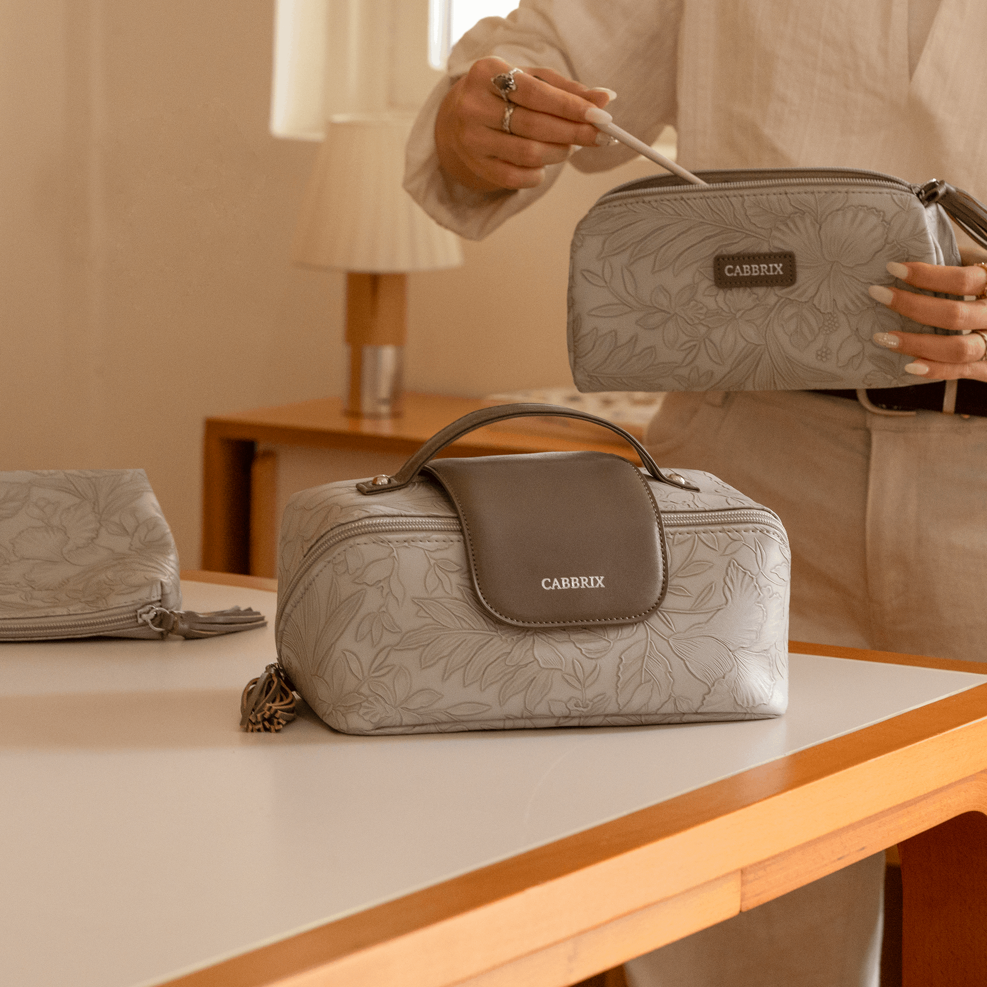 Cabbrix Travel Makeup Bag, 3 Pcs Set Large Capacity Cosmetic Bag, Apricot