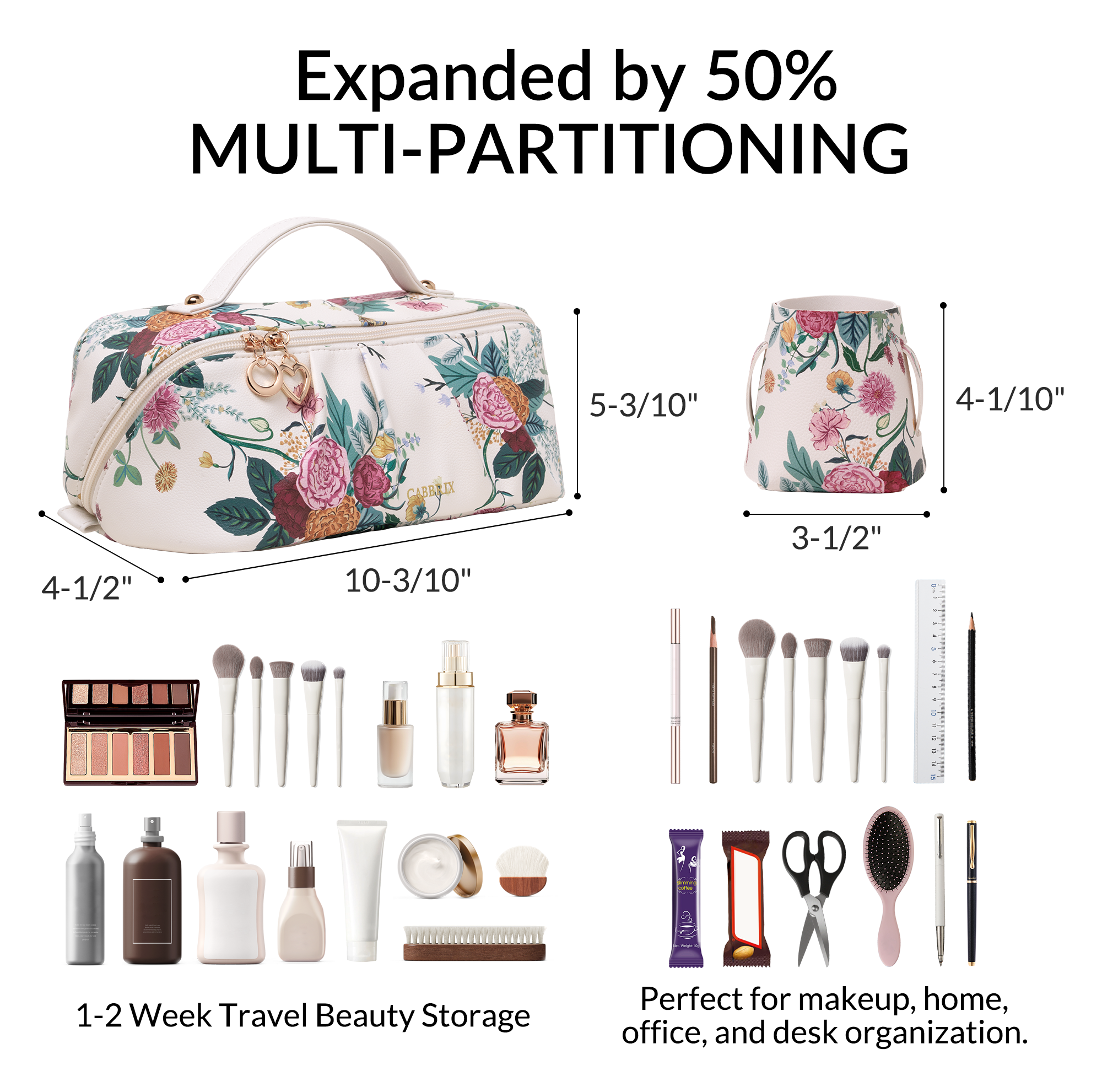 Cabbrix Travel Makeup Bag, Large Capacity Cosmetic Bag for Women, Flat Open Portable Toiletry Bag, Radiance Bloom