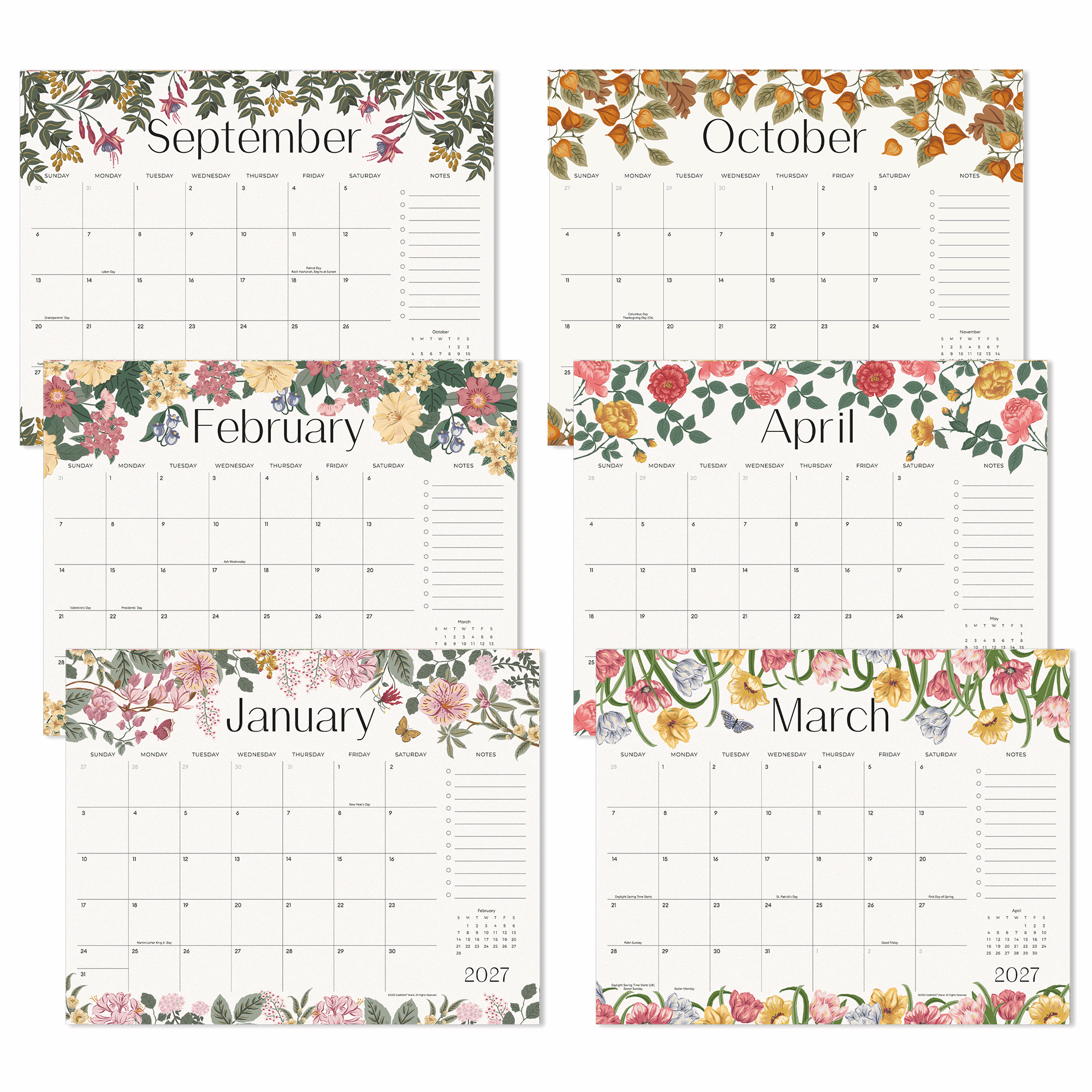 Cabbrix 2026-27 Desk Calendar, 15"L×12"W, Elegant Floral, Apricot