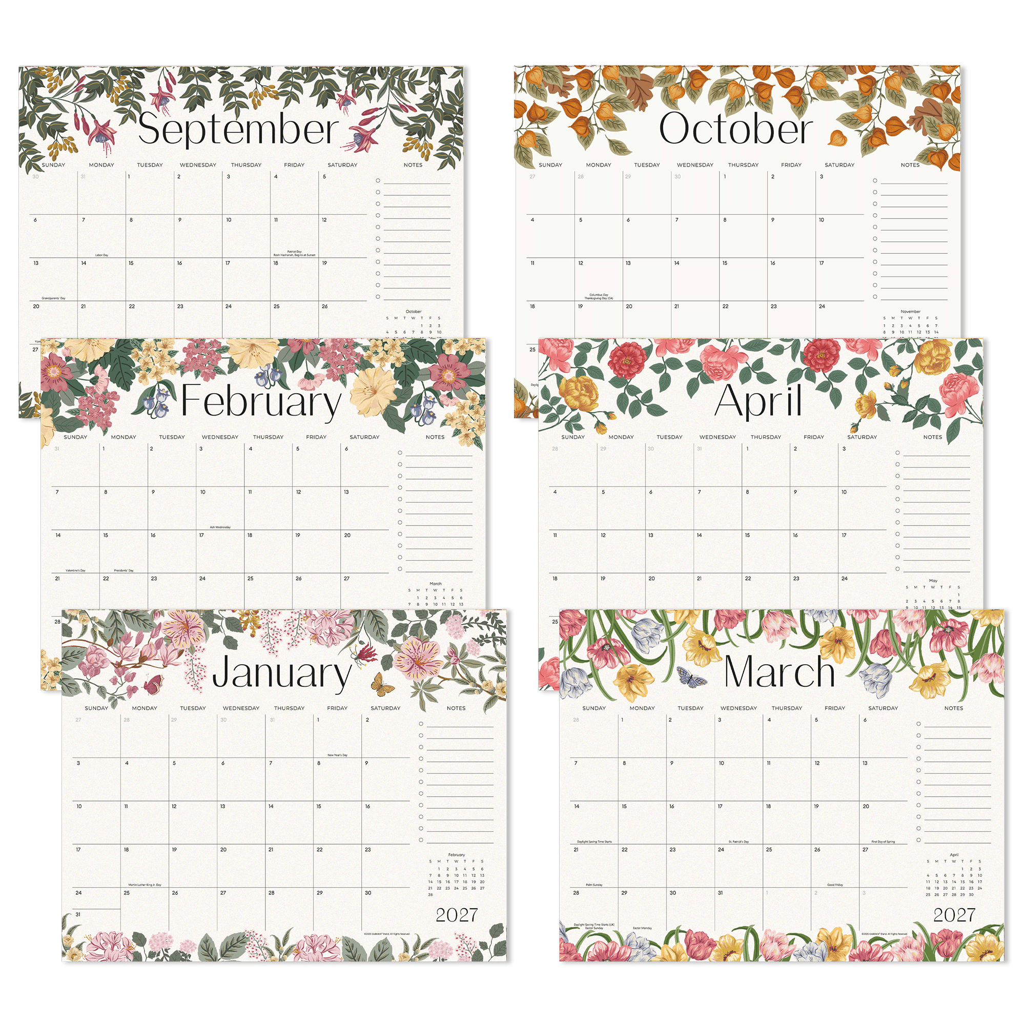 Cabbrix 2026-27 Desk Calendar, 15"L×12"W, Elegant Floral, Apricot