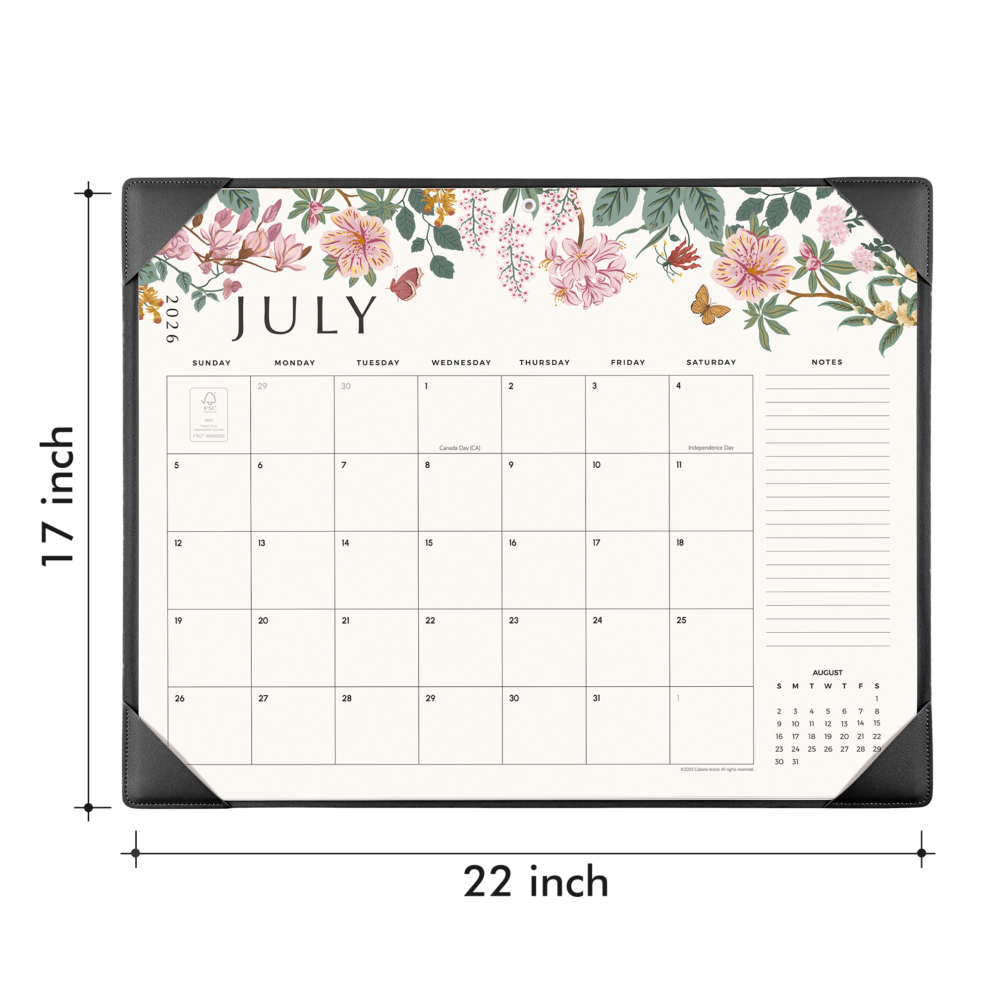 Cabbrix 2026-27 Desk Calendar, 21"L×17"W, Elegant Floral, Black