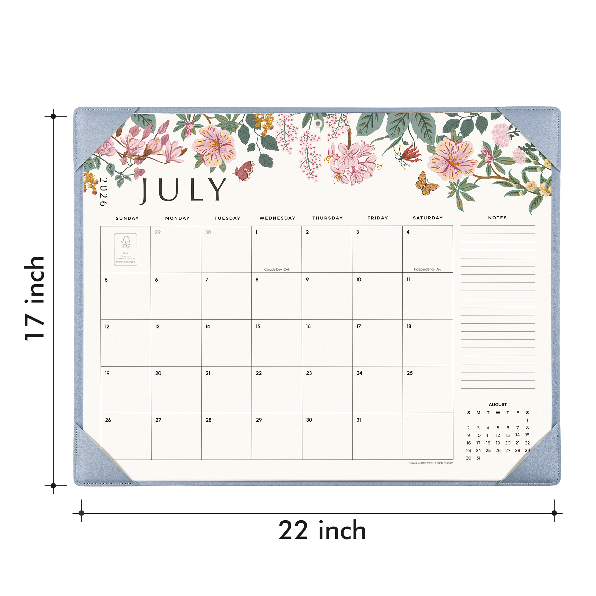 Cabbrix 2026-27 Desk Calendar, 21"L×17"W, Elegant Floral, Blue