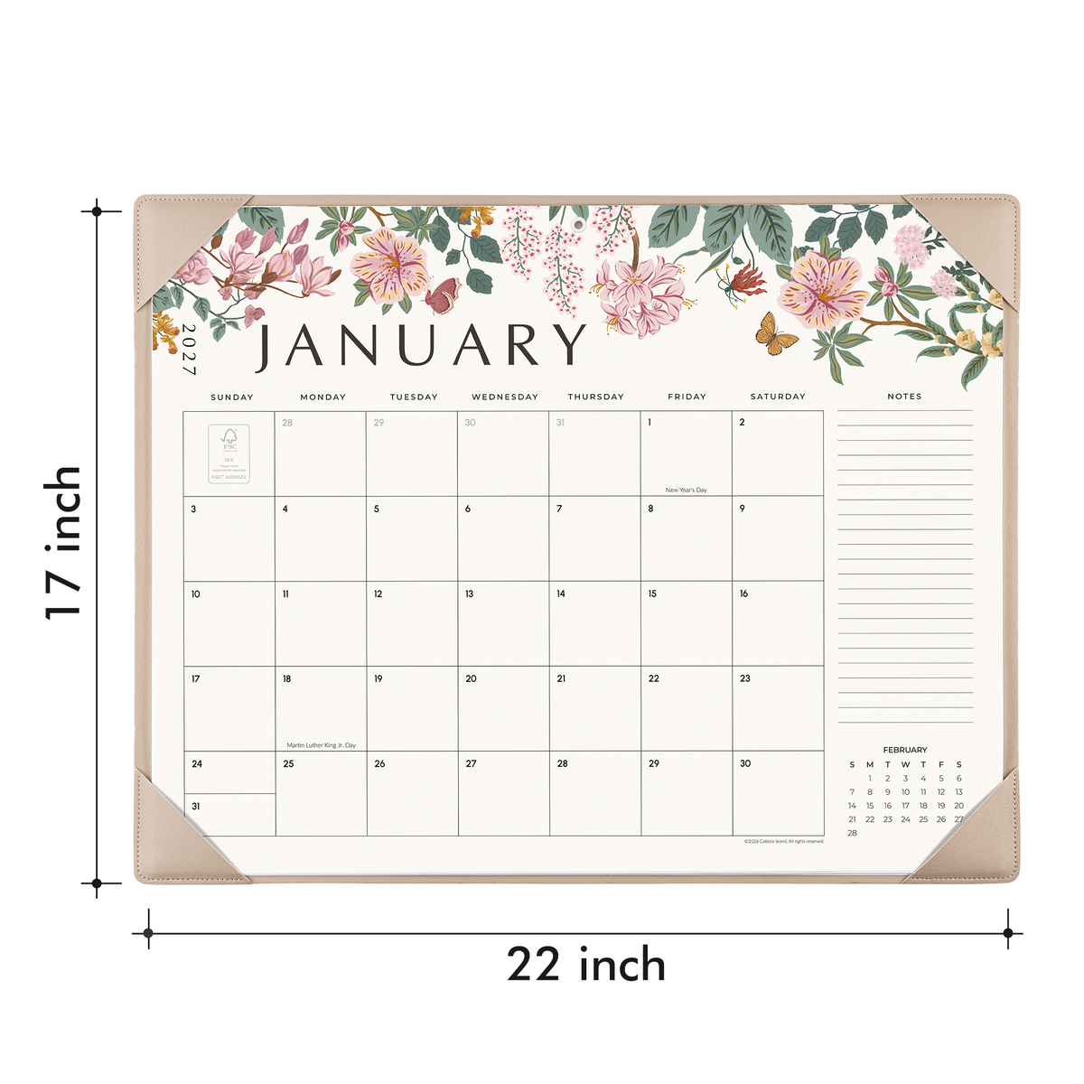 Cabbrix 2027-2028 Desk Calendar, 21"L×17"W, Elegant Floral, Apricot