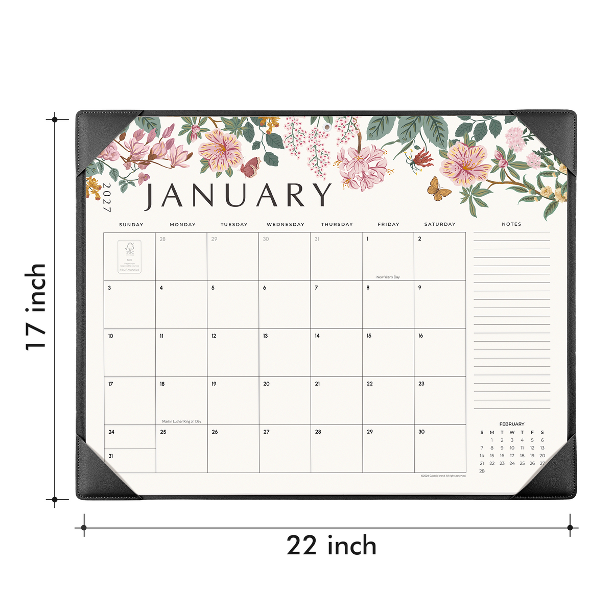 Cabbrix 2027-2028 Desk Calendar, 21"L×17"W, Elegant Floral, Black