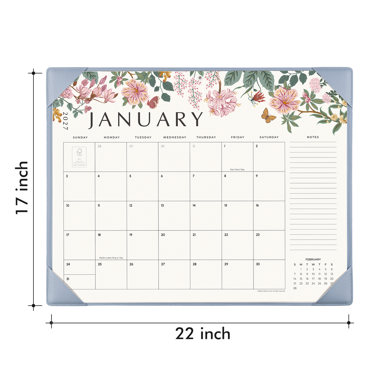 Cabbrix 2027-2028 Desk Calendar, 21"L×17"W, Elegant Floral, Blue