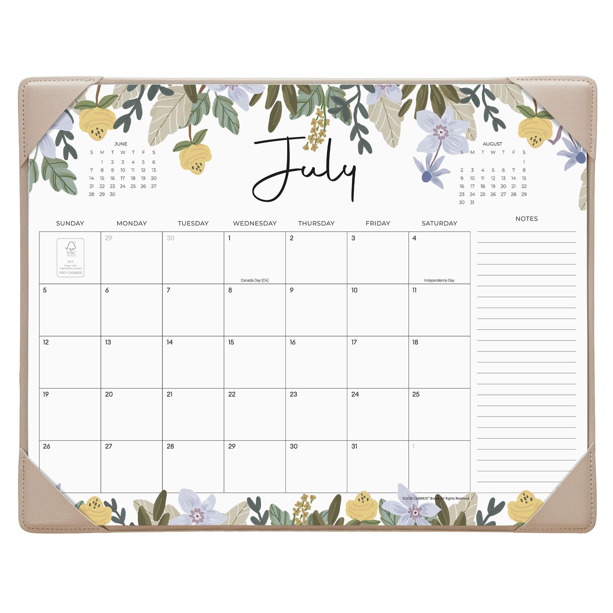 Cabbrix 2026-27 Desk Calendar, 15"L×12"W, Floral Design, Blue