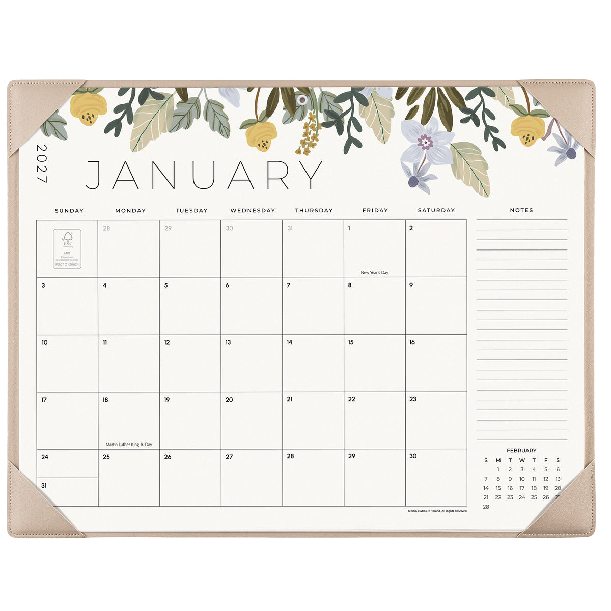 Cabbrix 2027-2028 Desk Calendar, 21"L×17"W, Floral Elements, Blue